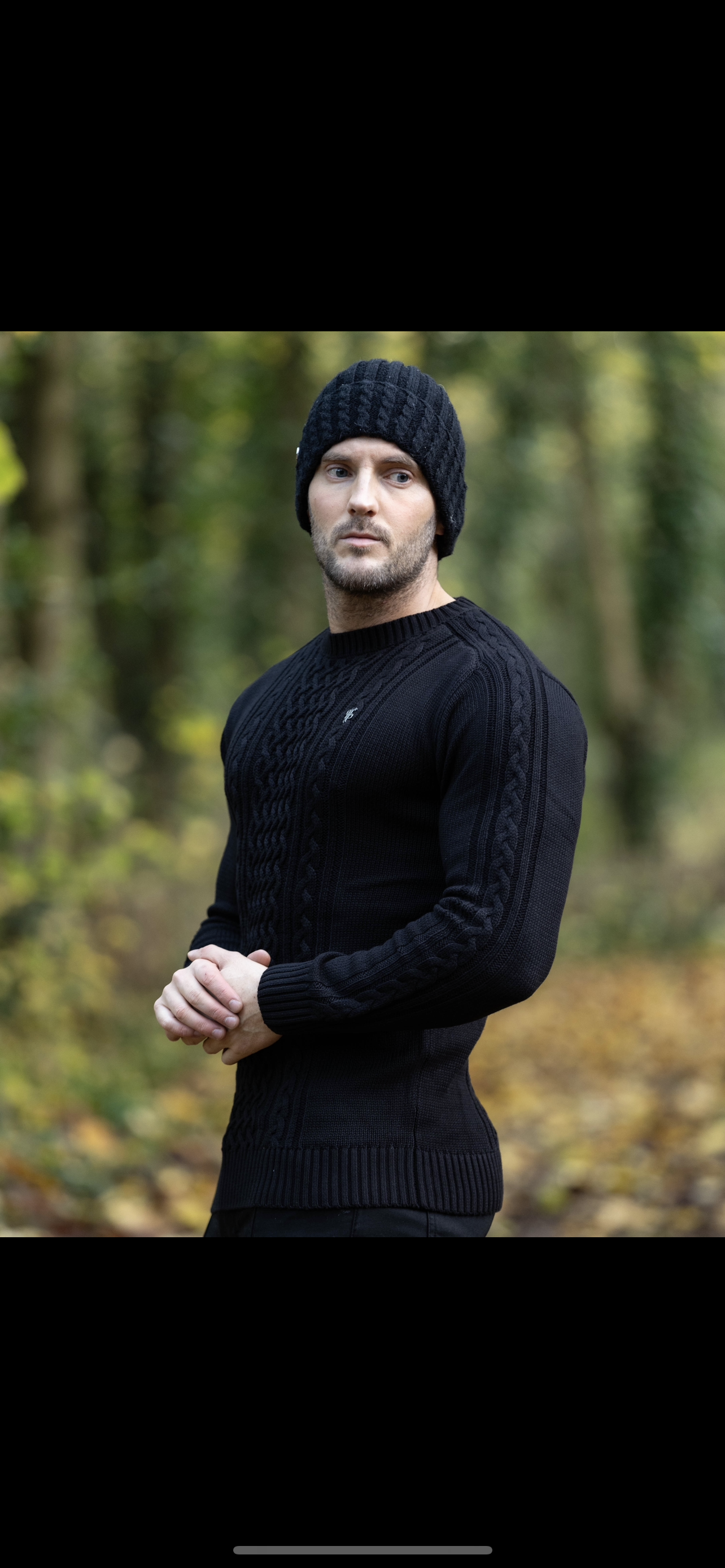 Black Knitted Cable Saddle Crew Super Slim Jumper With Metal Decal - FSN073