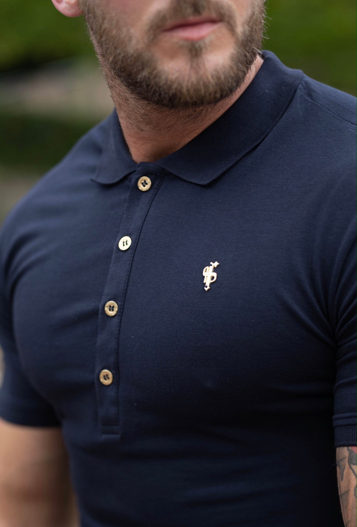 Classic Navy Polo Shirt with Gold Metal Emblem Decal & Buttons - FSH462