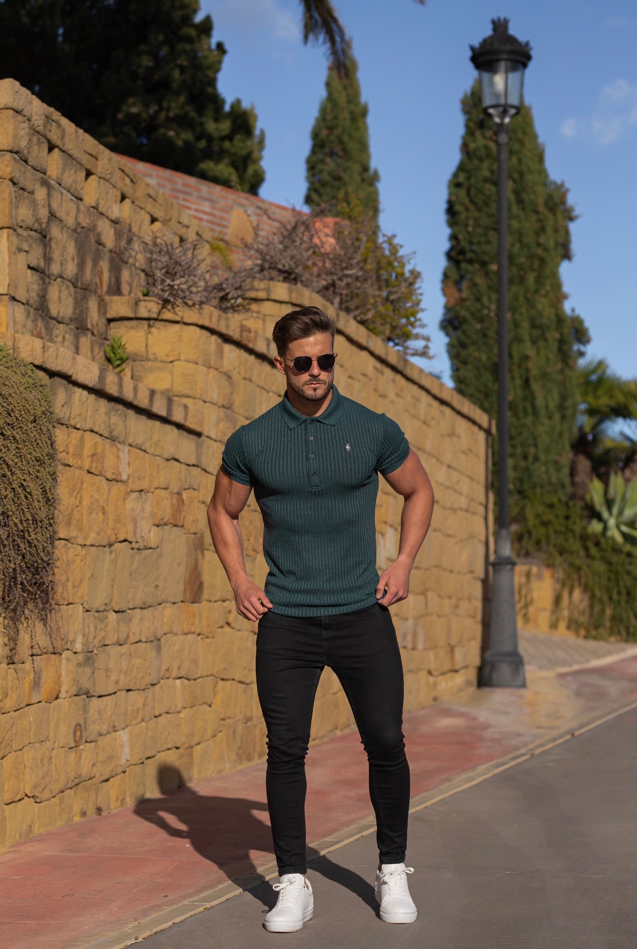 Classic Forest Green Ribbed Polo Shirt Short Sleeve with Black Metal Emblem Decal & Buttons- FSH584