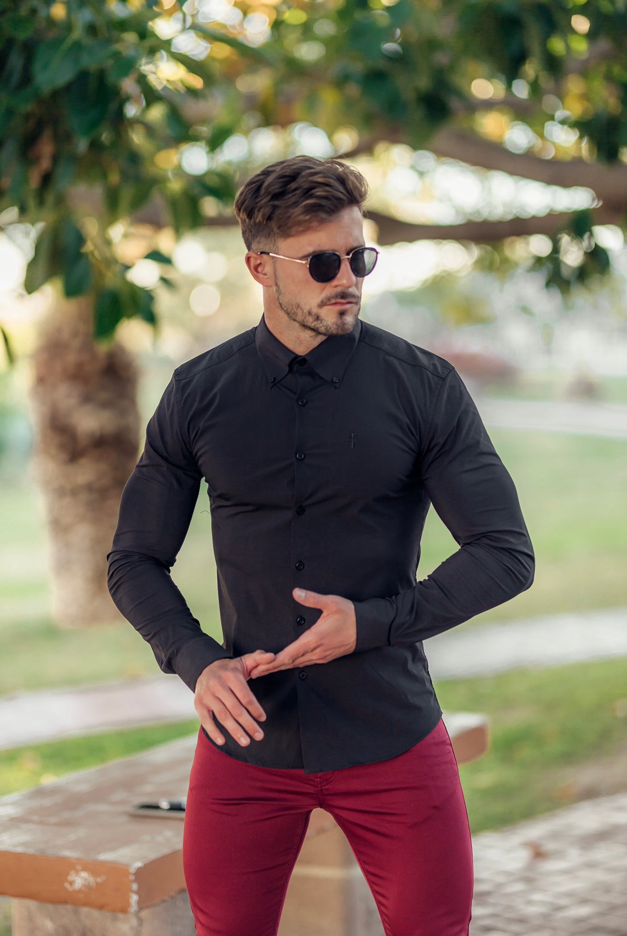 Classic Black Stretch Shirt with Button Down Collar and Black Embroidery - FS563