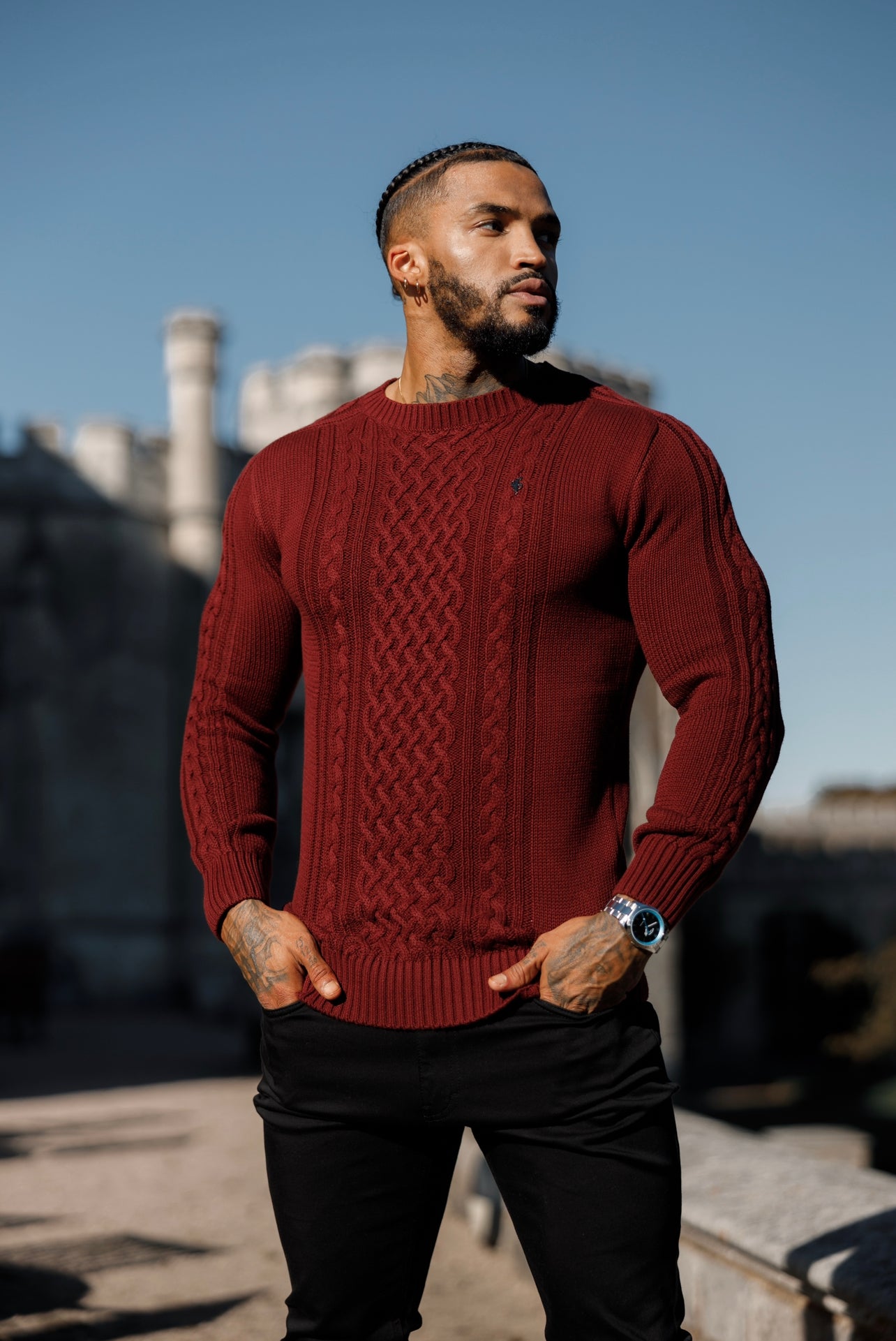 Burgundy Knitted Cable Saddle Crew Super Slim Jumper With Metal Decal - FSN079