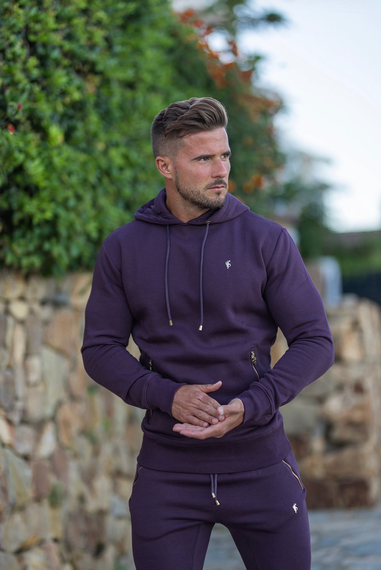 Plum / Purple & Gold Overhead Hoodie Top with Zipped Pockets - FSH485