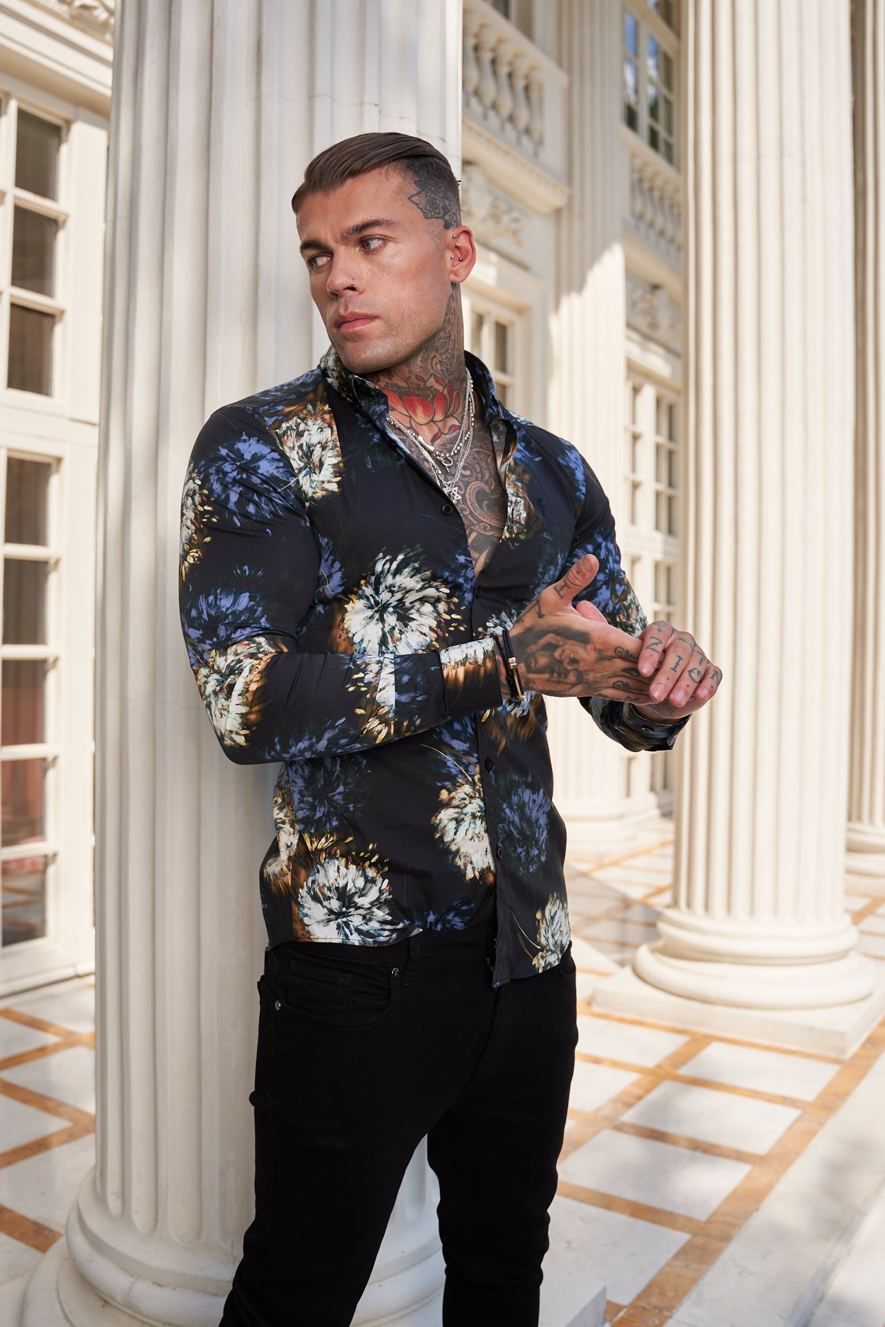 Super Slim Stretch Black Base Blurred Flower Print Long Sleeve with Button Down Collar - FS800