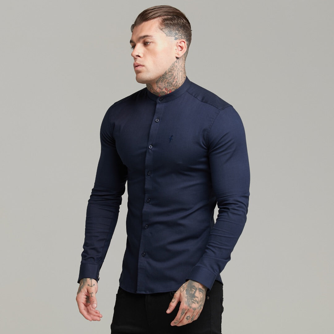 Super Slim Stretch Grandad Collar Classic Navy Oxford Long Sleeve - FS583