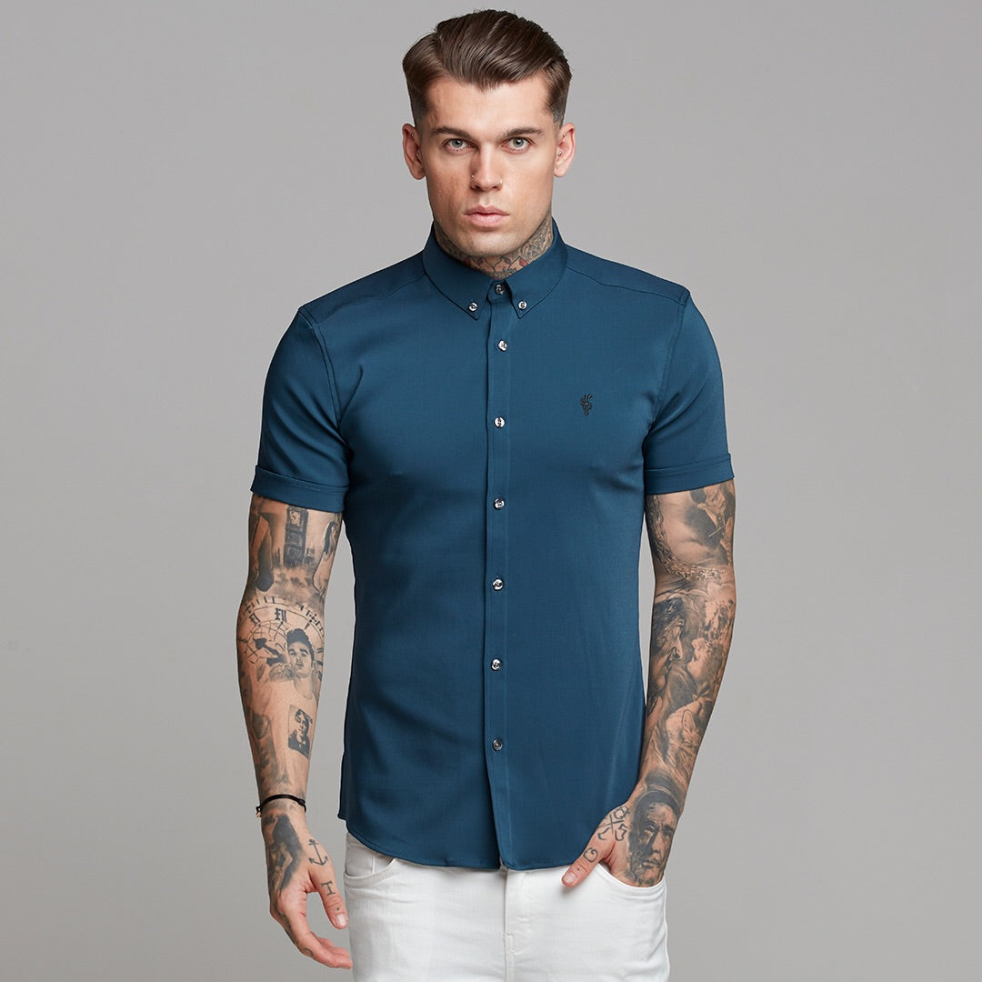 Super Slim Ultra Stretch Classic Teal Short Sleeve (Charcoal Buttons) - FS485