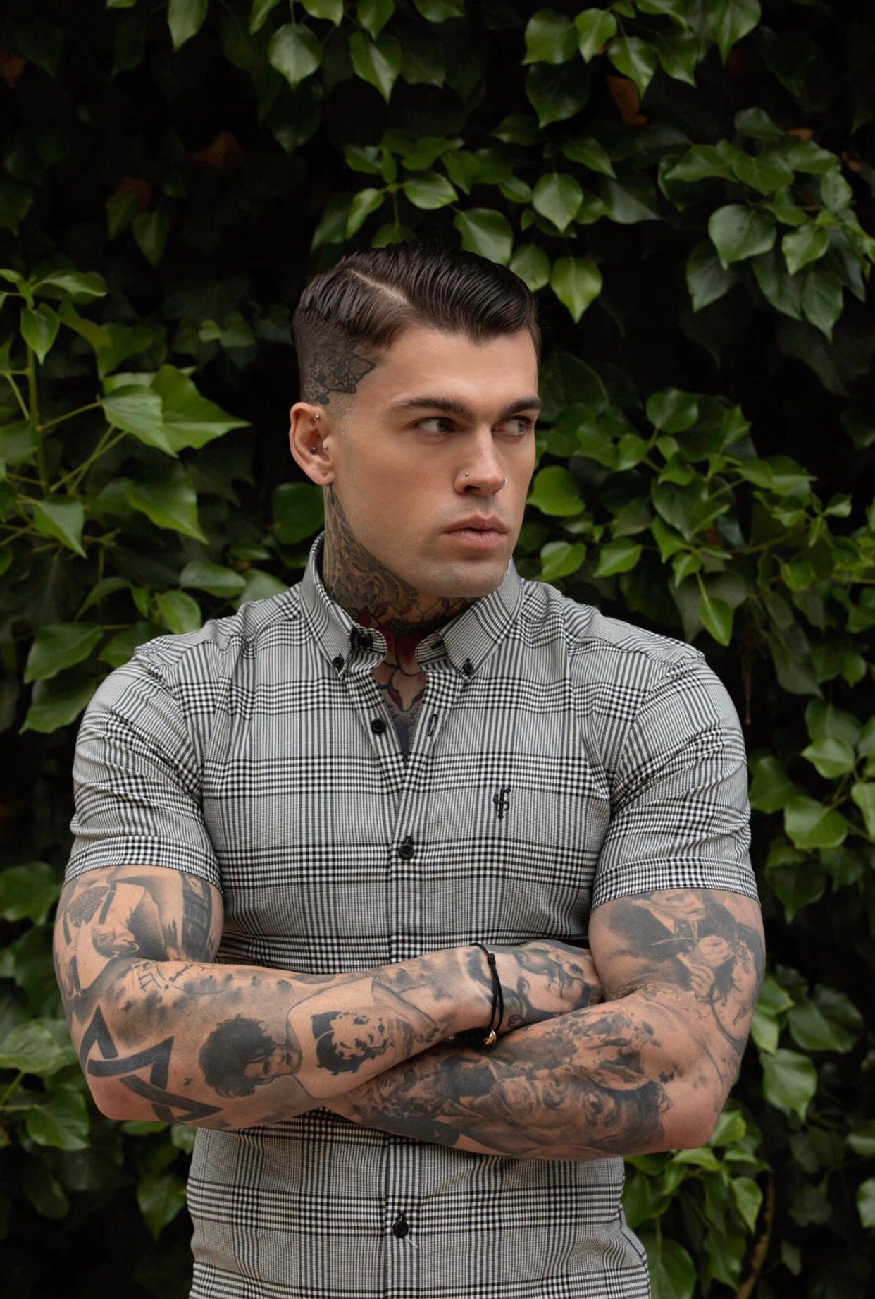 Super Slim Stretch Prince Of Wales White and Black Check Short Sleeve - FS460