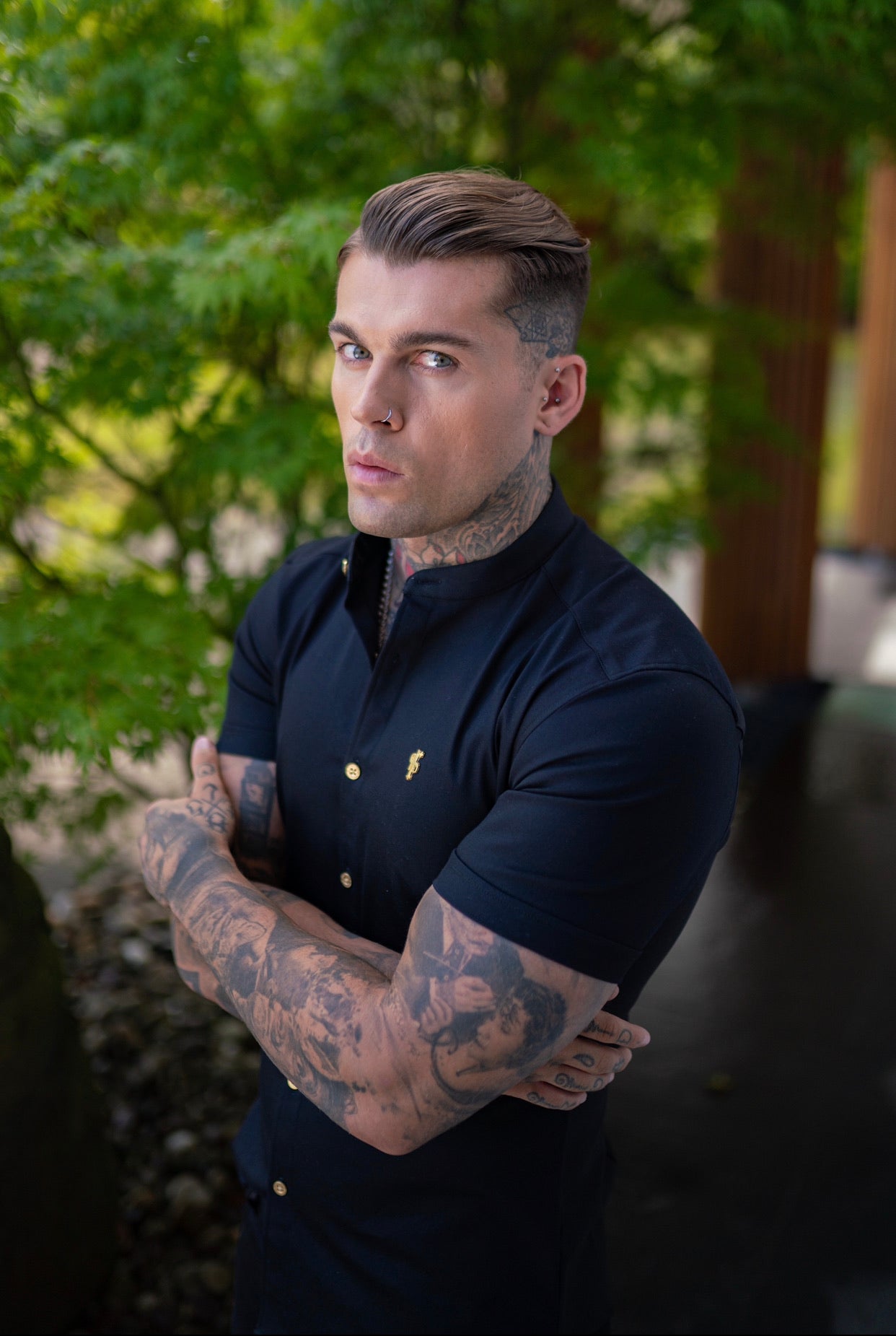 Super Slim Stretch Black Denim Short Sleeve Grandad collar with Metal Buttons and Decal Emblem - FS708