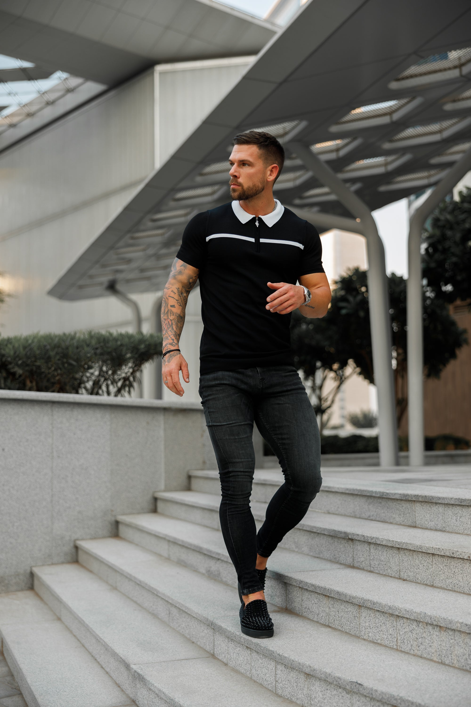 Classic Black / White Horizontal Stripe Zipped Polo Short Sleeve - FSN038