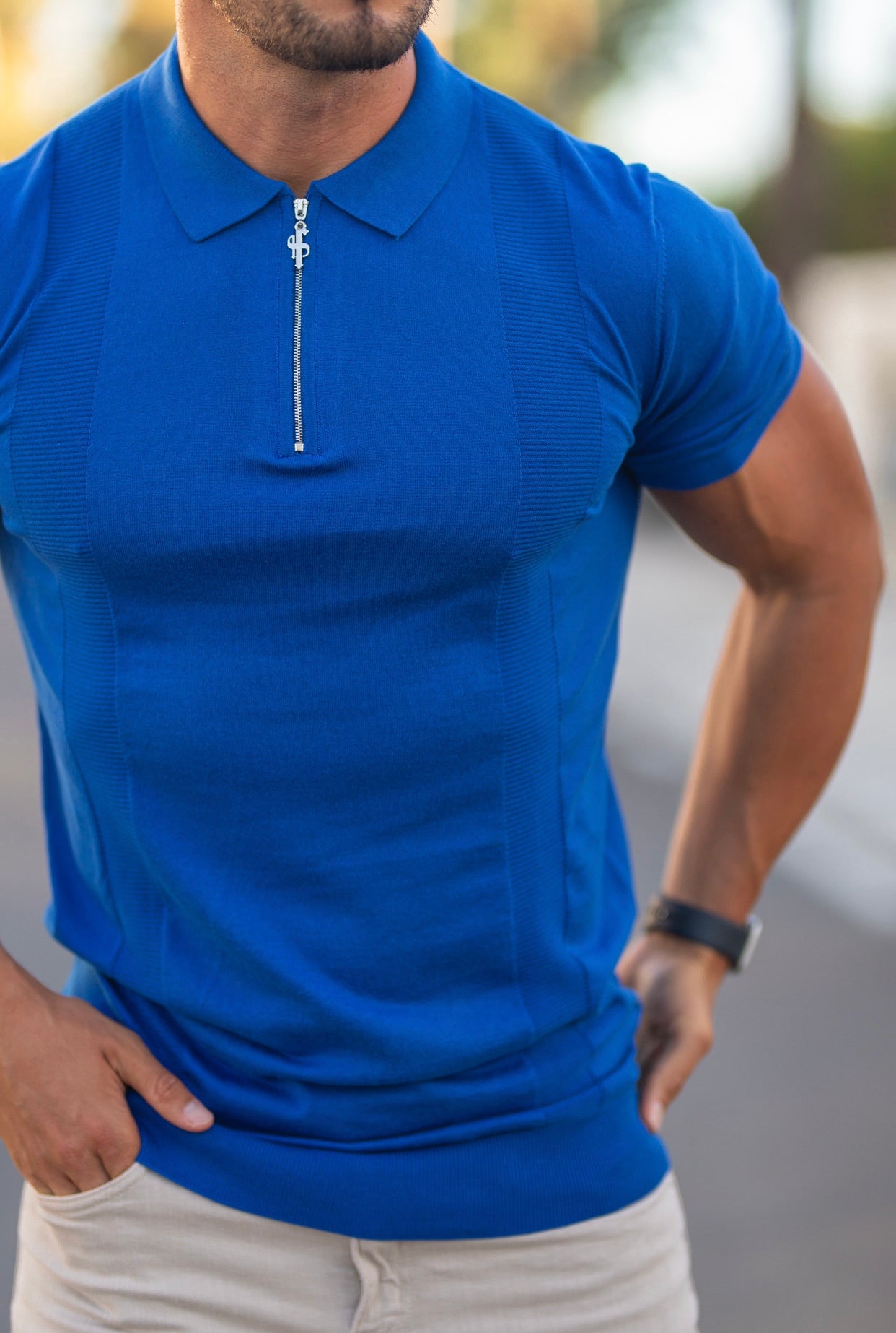 Classic Royal Blue and Silver Zip Knitted Short Sleeve Polo - FSH468