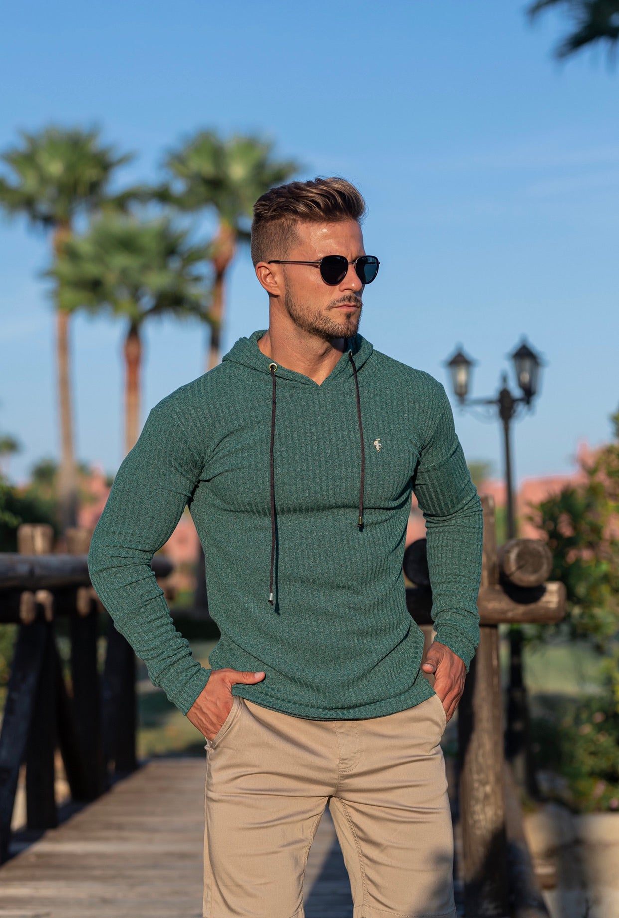 Classic Forest Green / Gold Ribbed Knit Hoodie Jumper - FSH508