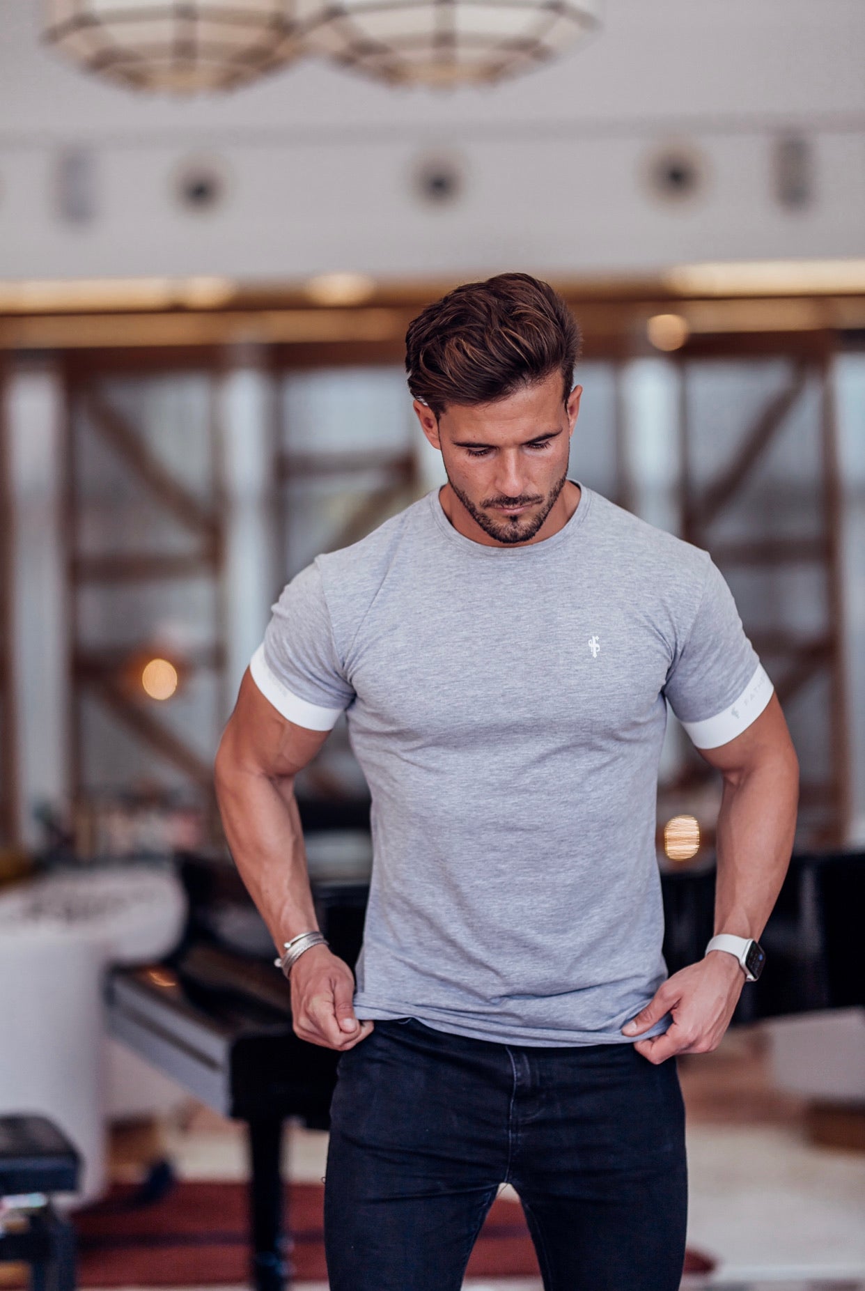 Classic Light Grey Crew T Shirt with FS Elastic Sleeve Branding - FSH624