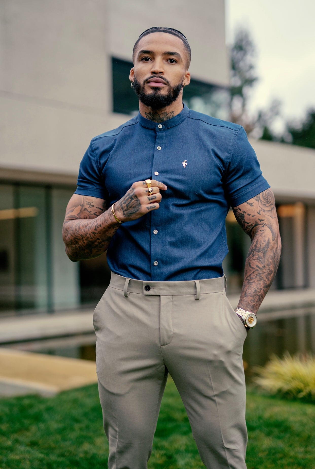 Super Slim Stretch Aegean Blue Denim Short Sleeve Grandad Collar with Metal Buttons and Decal Emblem - FS776