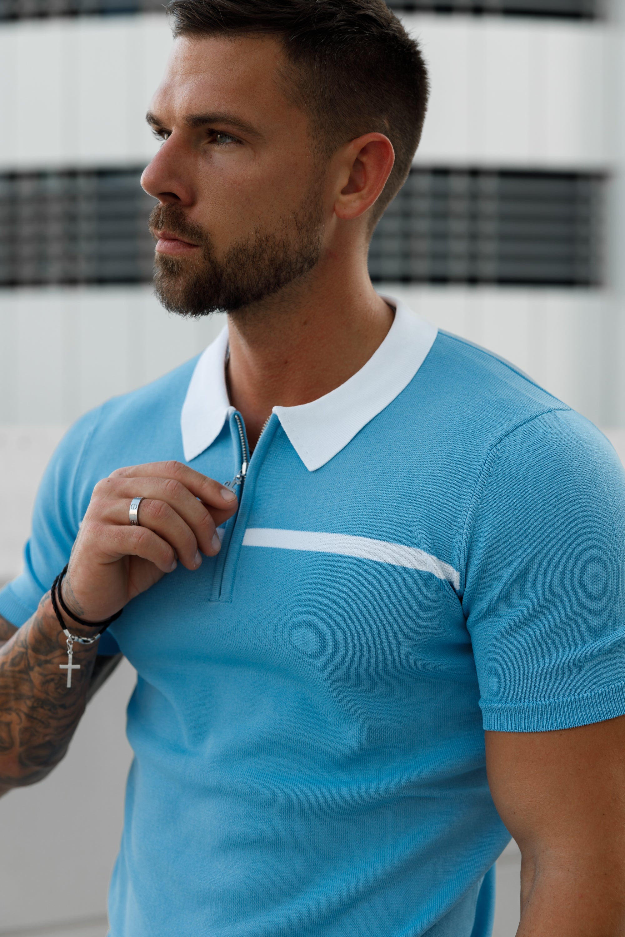 Classic Sky Blue / White Horizontal Stripe Zipped Polo Short Sleeve - FSN058