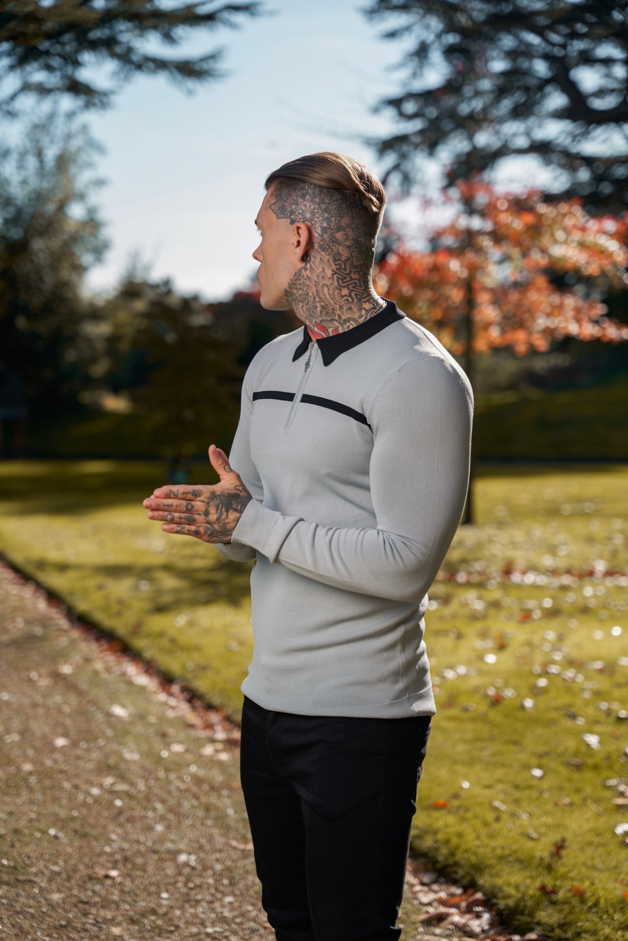 Classic Silver Grey / Black Horizontal Stripe Zipped Polo Long Sleeve - FSN049