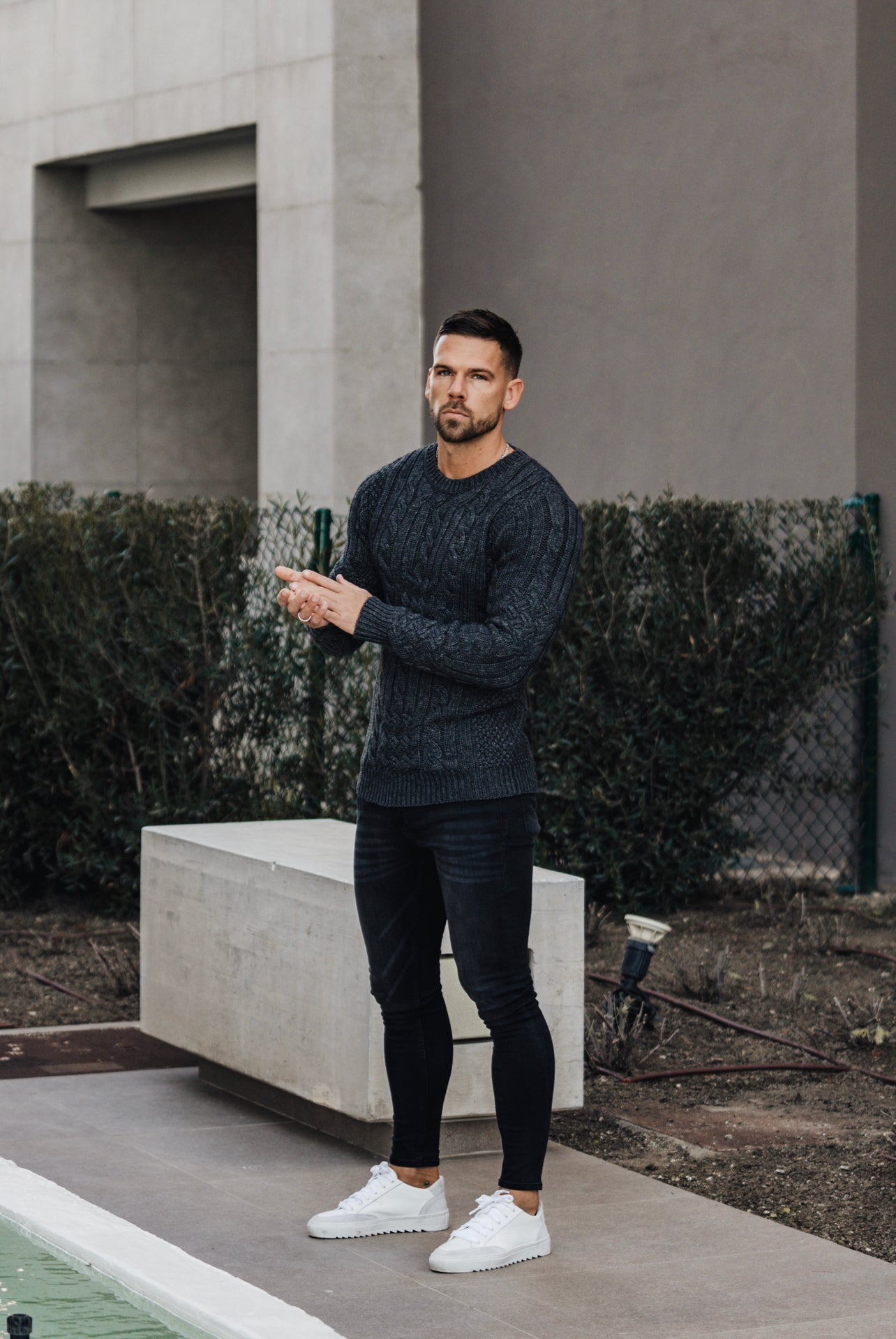 Luxury Lambs Wool Braided Knot Charcoal Jumper With Metal Decal - FSN024