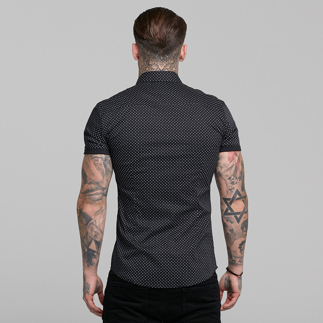 Super Slim Stretch Black & White Ditsy Print Short Sleeve FS412