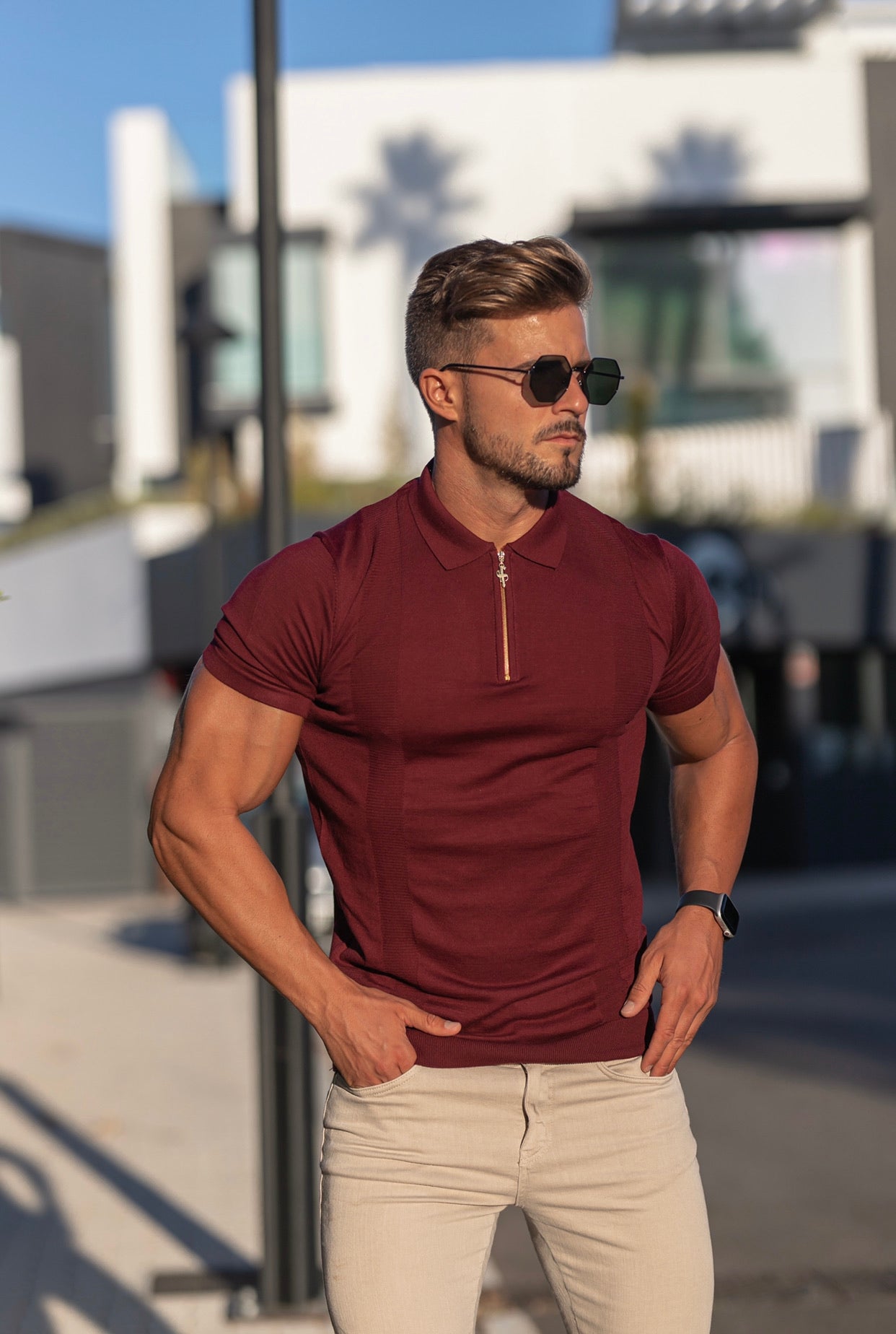 Classic Fig Burgundy and Gold Zip Knitted Short Sleeve Polo - FSH466