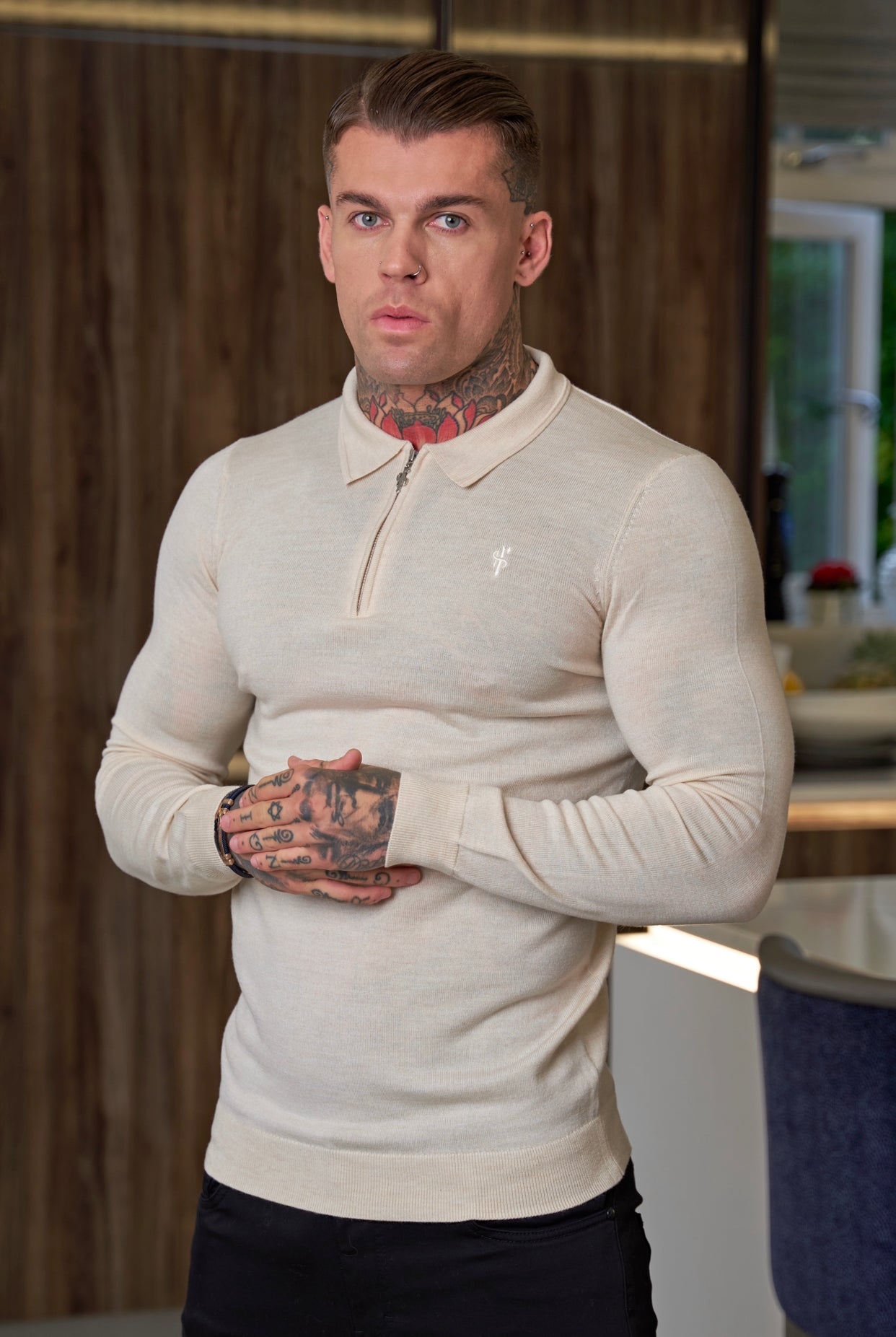 Classic Beige Merino Wool Knitted Zip Polo Long Sleeve Jumper With FS Embroidery- FSN008