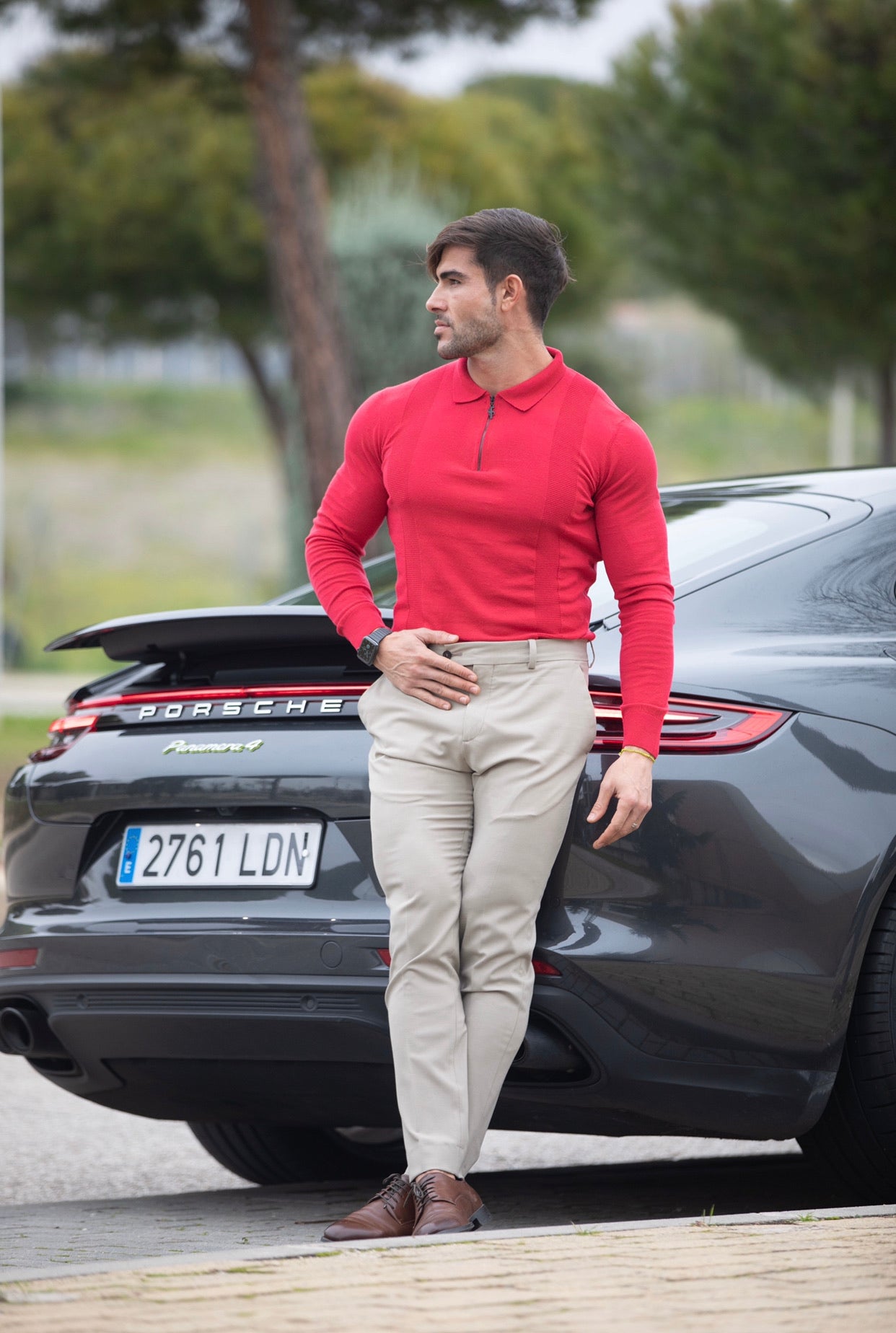 Classic Poppy Red and Black Zip Knitted Long Sleeve Polo Shirt - FSH567