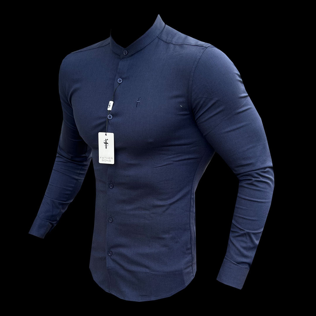 Super Slim Stretch Grandad Collar Classic Navy Oxford Long Sleeve - FS583
