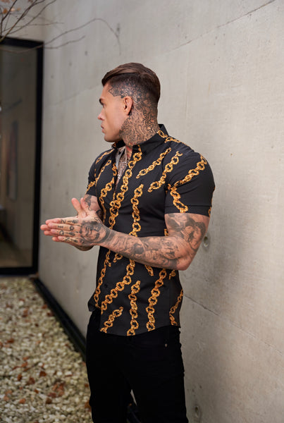 Men's Baroque Black Gold Chain Ring Button Down Shirt – Short Sleeve, Casual, Vintage