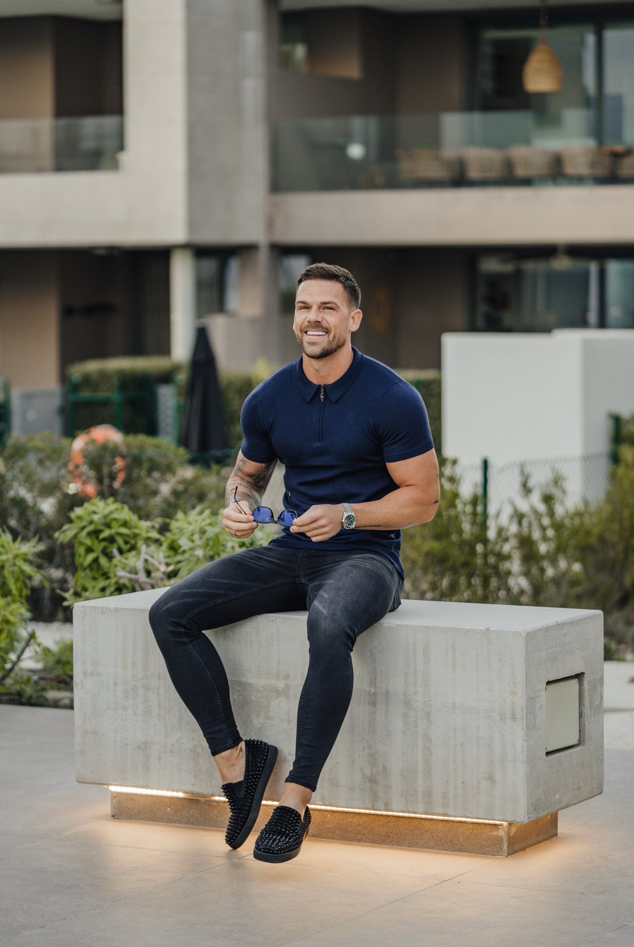 Classic Navy Merino Wool Knitted Zip Polo Short Sleeve Jumper With FS Embroidery- FSN027