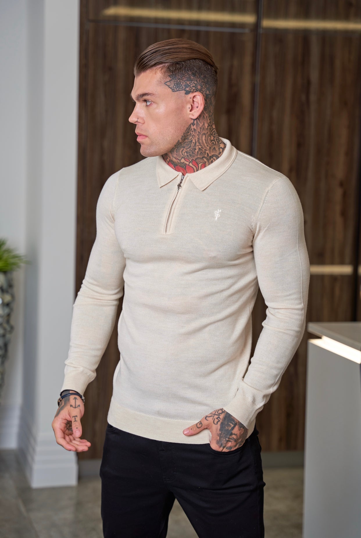 Classic Beige Merino Wool Knitted Zip Polo Long Sleeve Jumper With FS Embroidery- FSN008