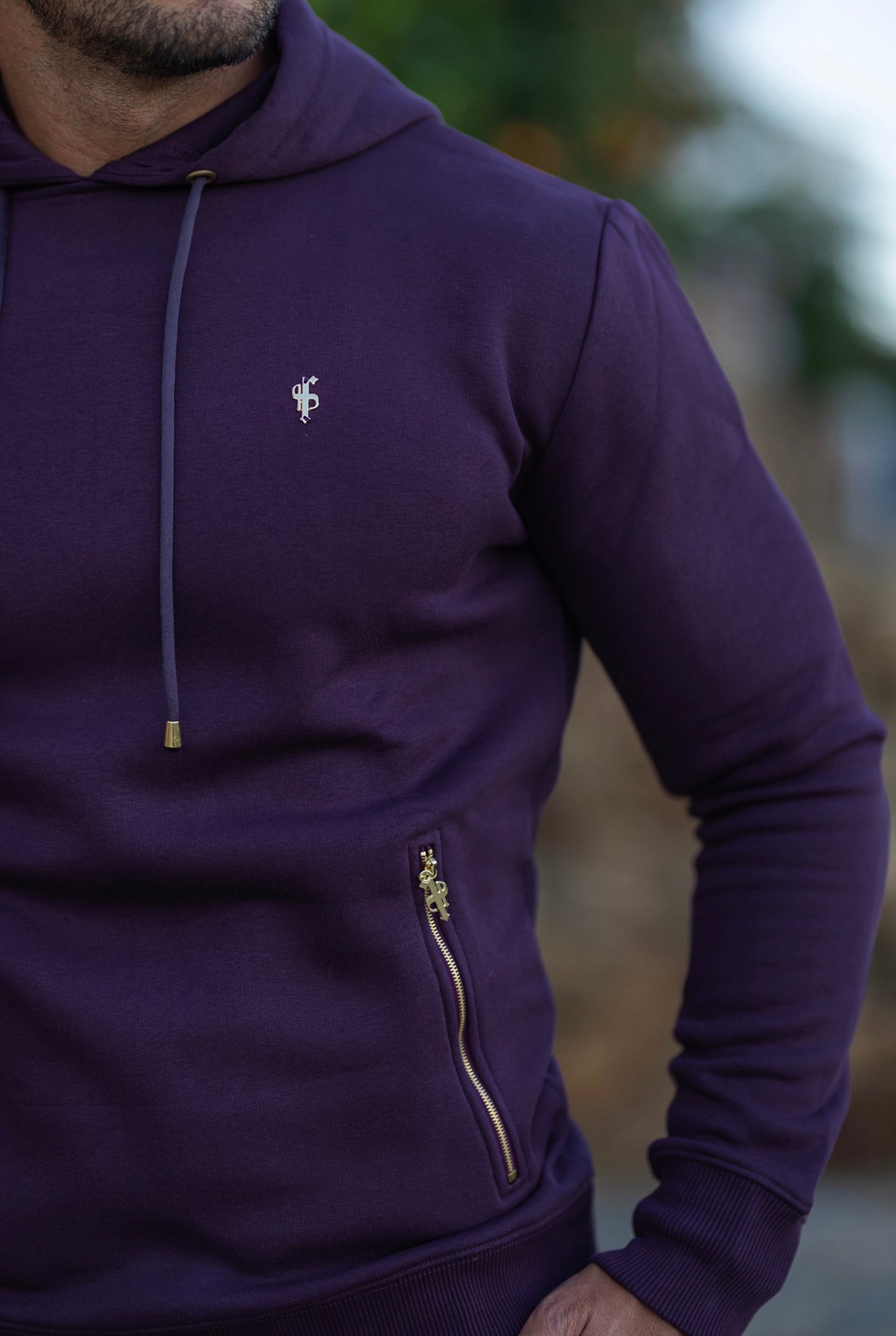 Plum / Purple & Gold Overhead Hoodie Top with Zipped Pockets - FSH485