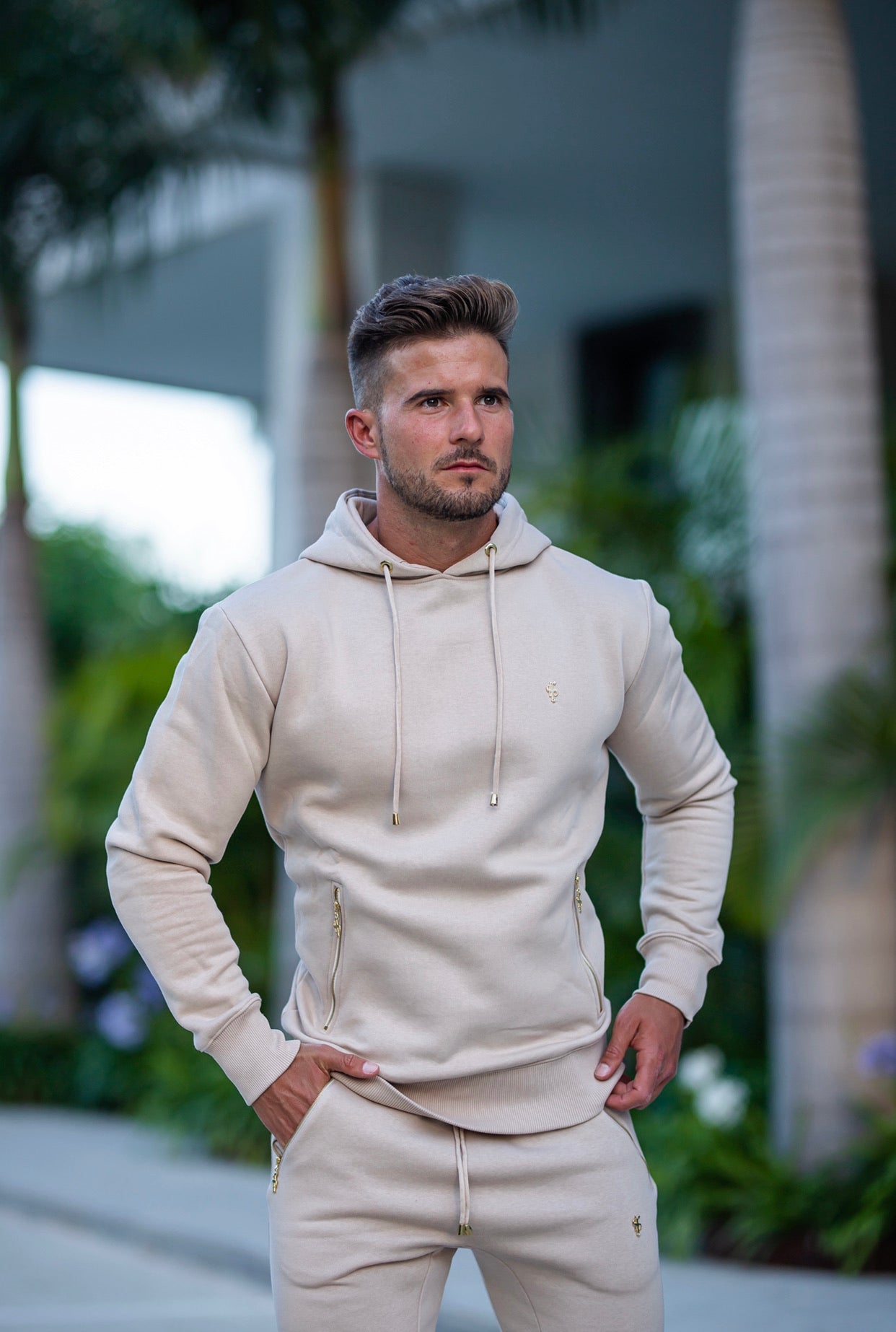 Beige & Gold Overhead Hoodie Top with Zipped Pockets - FSH483