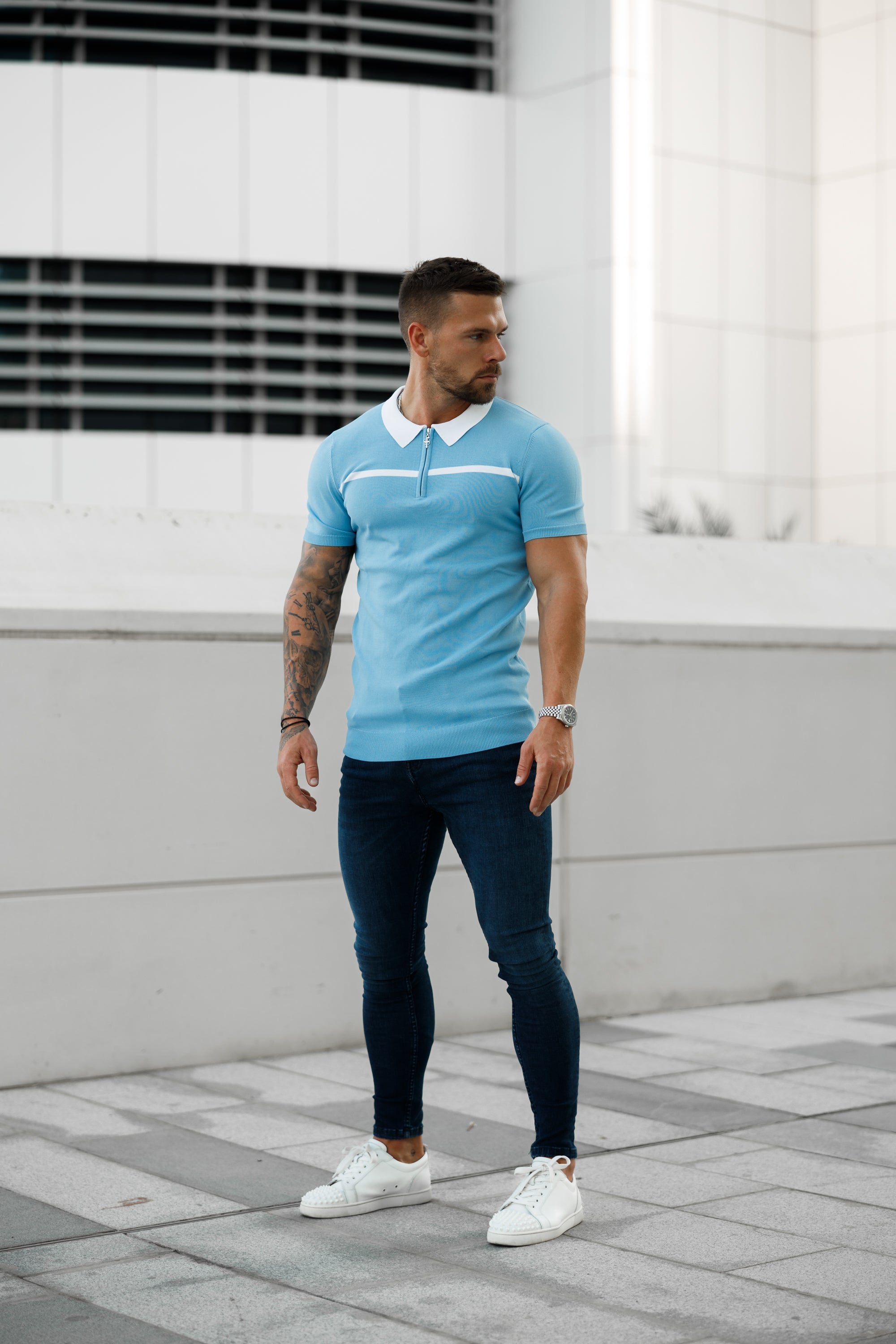 Classic Sky Blue / White Horizontal Stripe Zipped Polo Short Sleeve - FSN058
