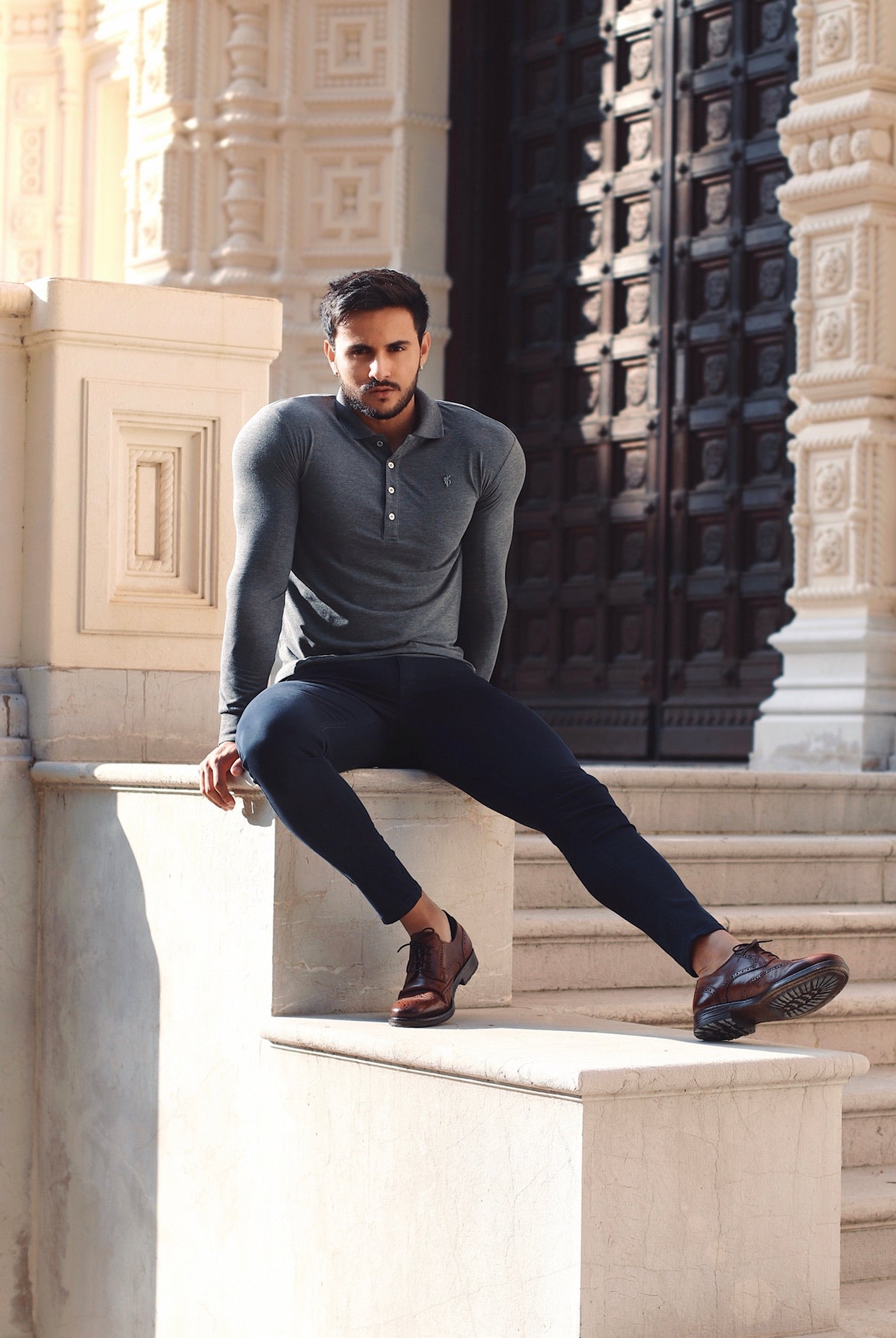 Classic Dark Grey Long Sleeve Polo Shirt with Silver Metal Emblem Decal & Buttons - FSH519