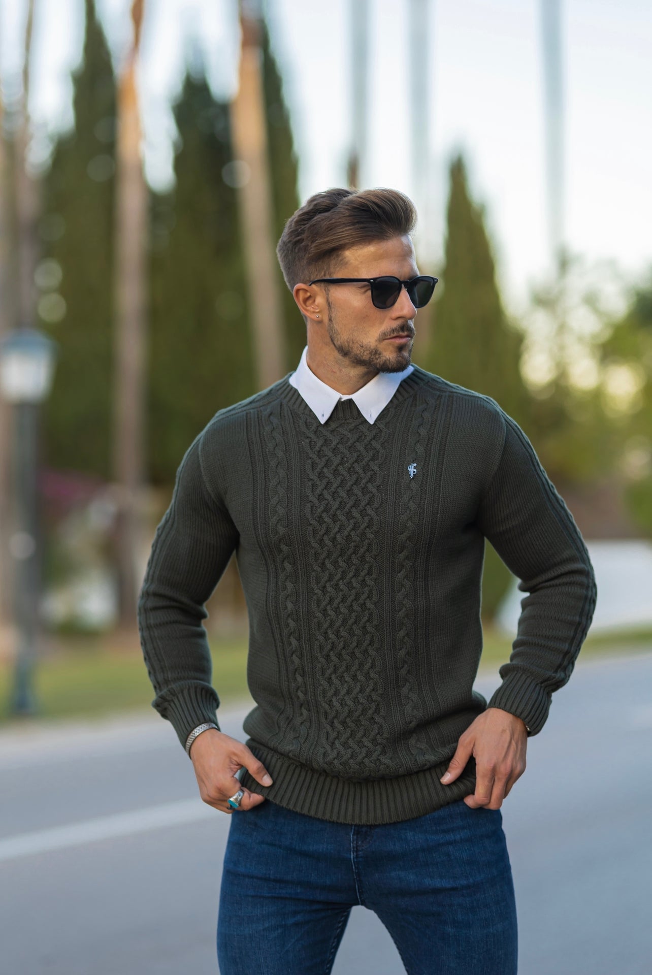 Khaki Knitted Cable Saddle Crew Super Slim Jumper With Metal Decal - FSN078