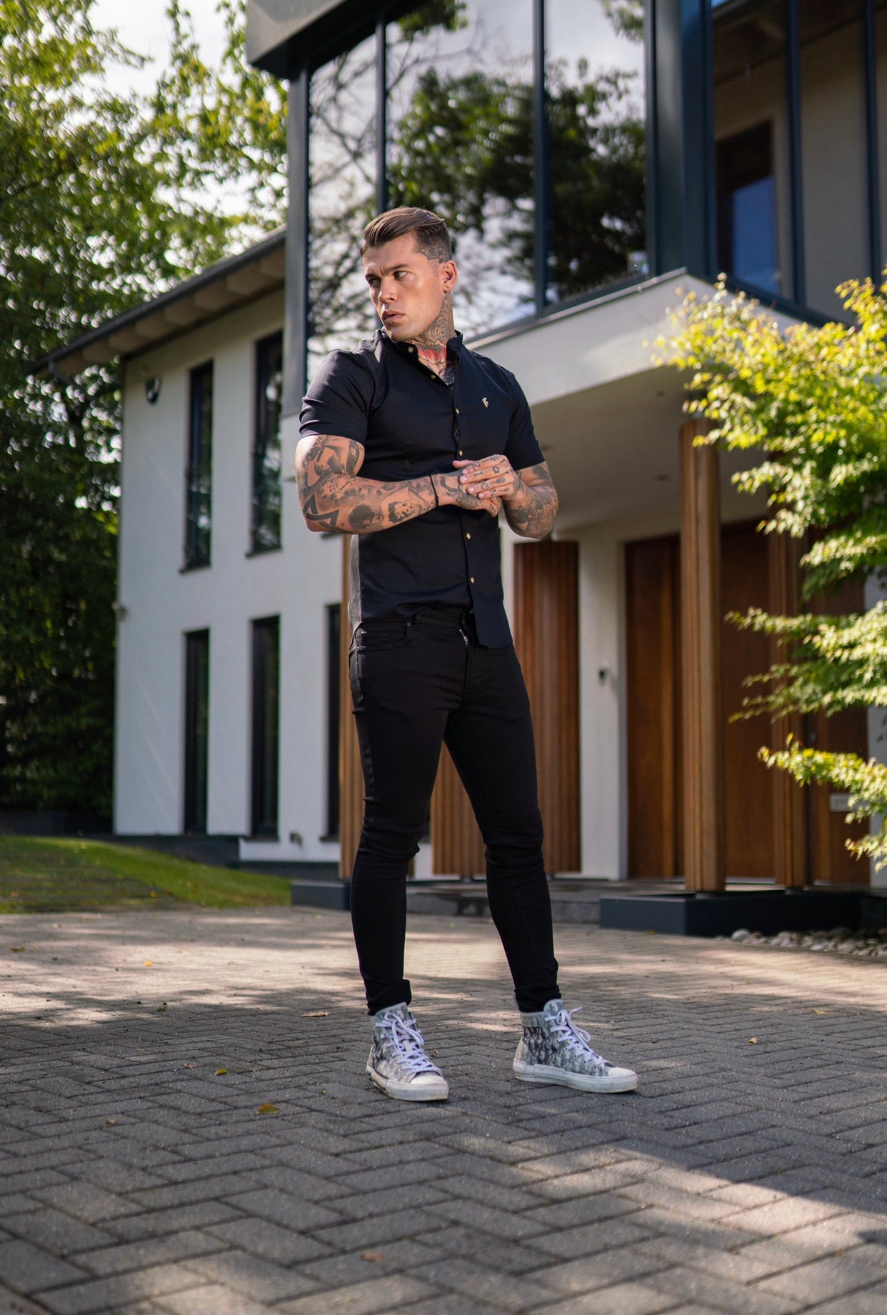 Super Slim Stretch Black Denim Short Sleeve Grandad collar with Metal Buttons and Decal Emblem - FS708