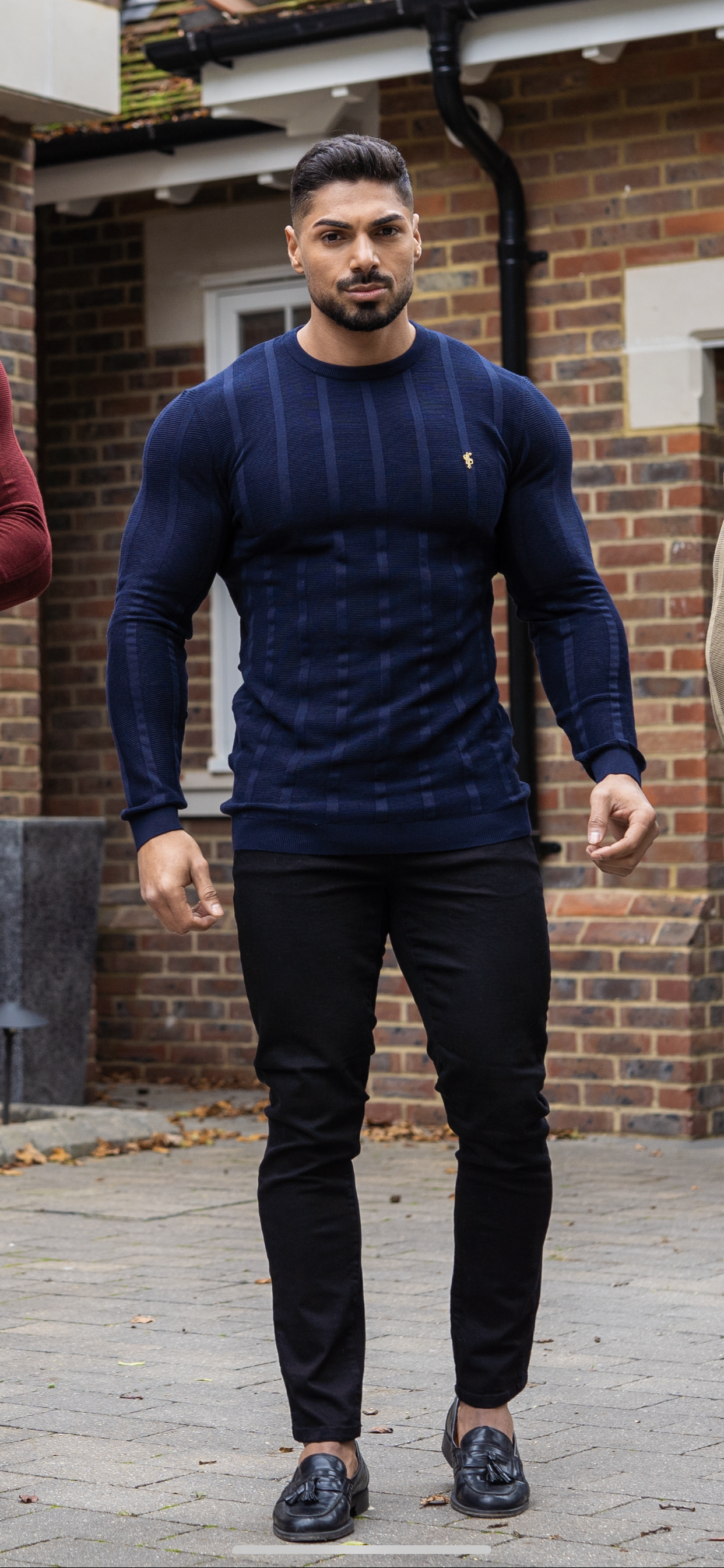 Classic Long Sleeve Navy Knitted Wide Rib Crew with Gold Emblem - FSH605