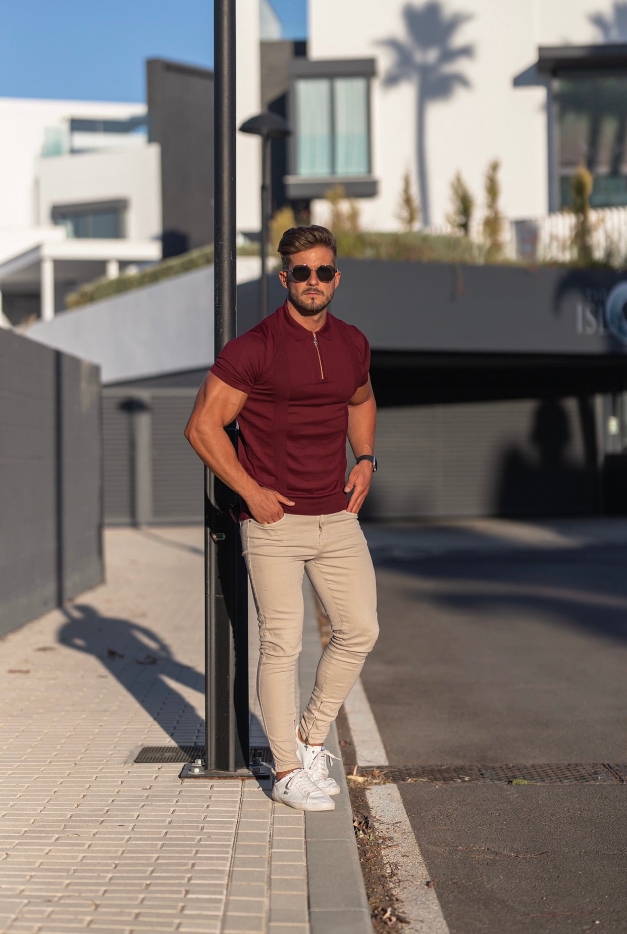 Classic Fig Burgundy and Gold Zip Knitted Short Sleeve Polo - FSH466