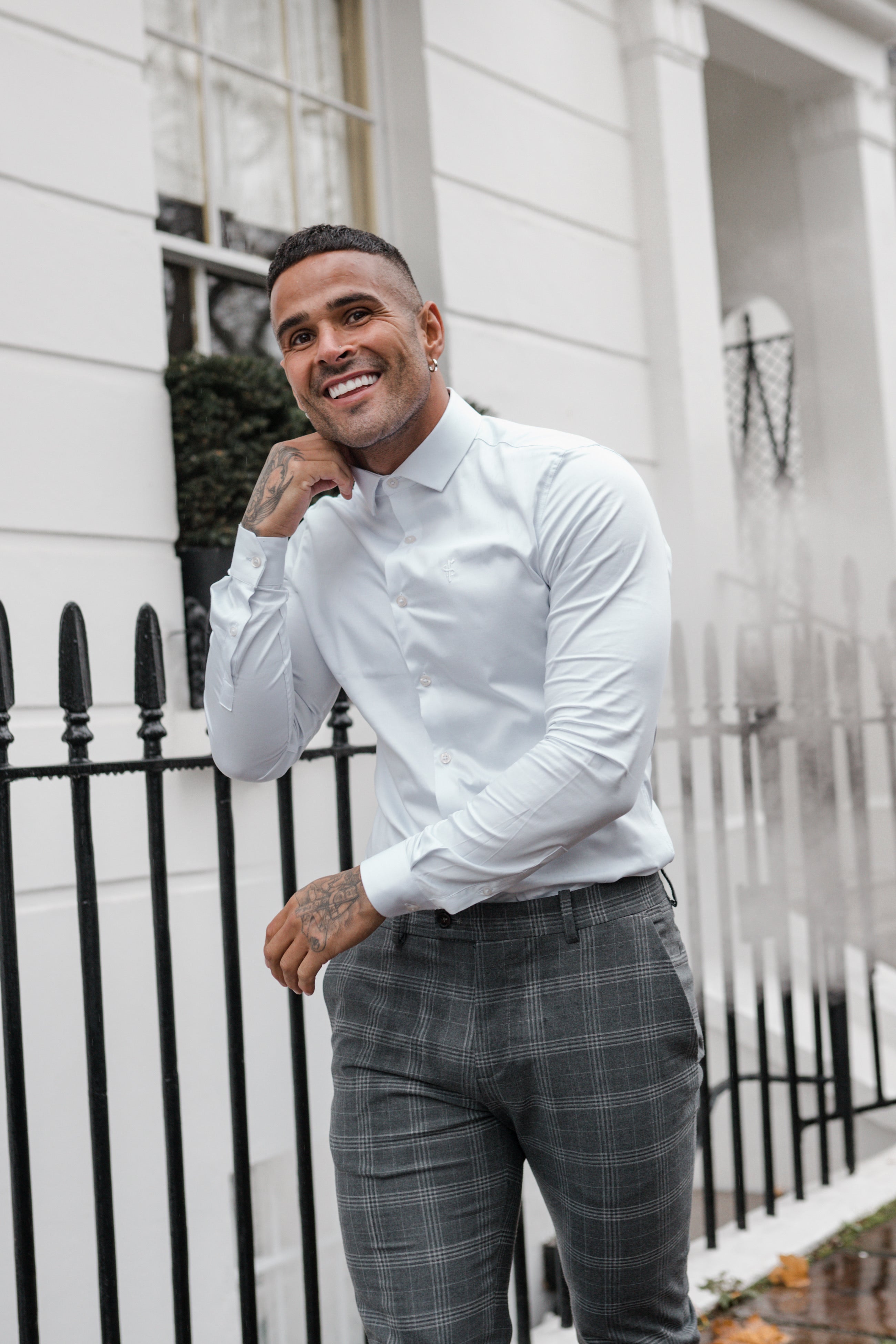 Slim Formal Large Silver Grey Check Stretch Trousers - FST005