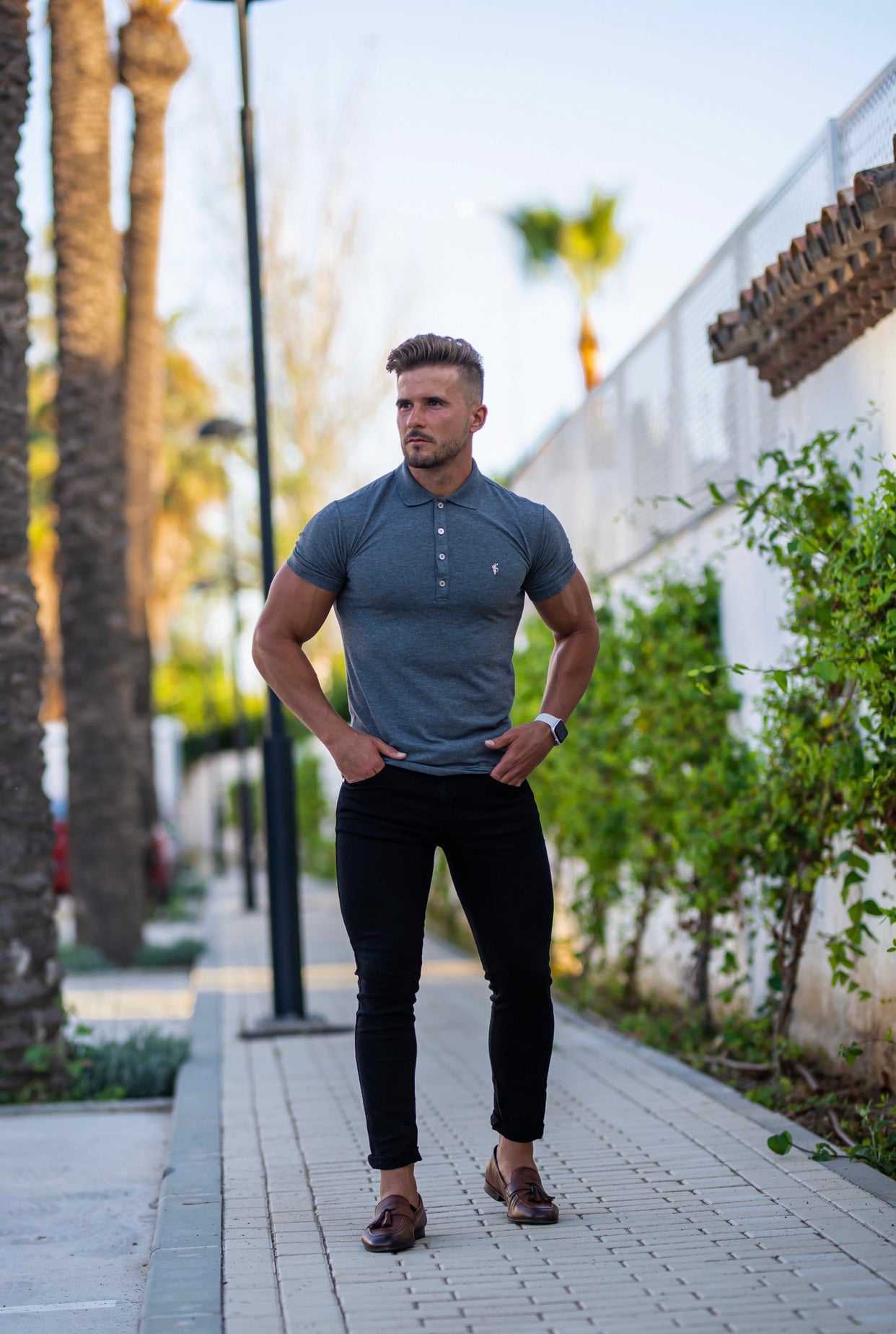 Classic Dark Grey Polo Shirt with Silver Metal Emblem Decal & Buttons - FSH460