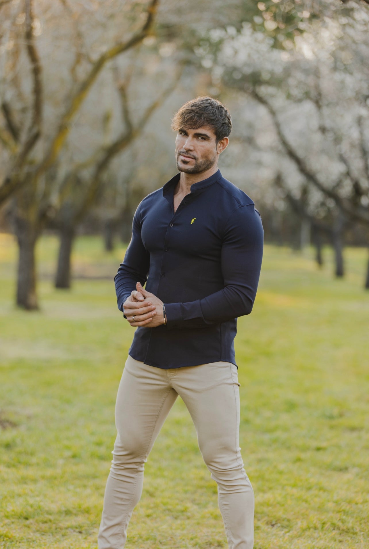 Super Slim Scuba Navy Long Sleeve Stretch With Grandad Collar - FS934