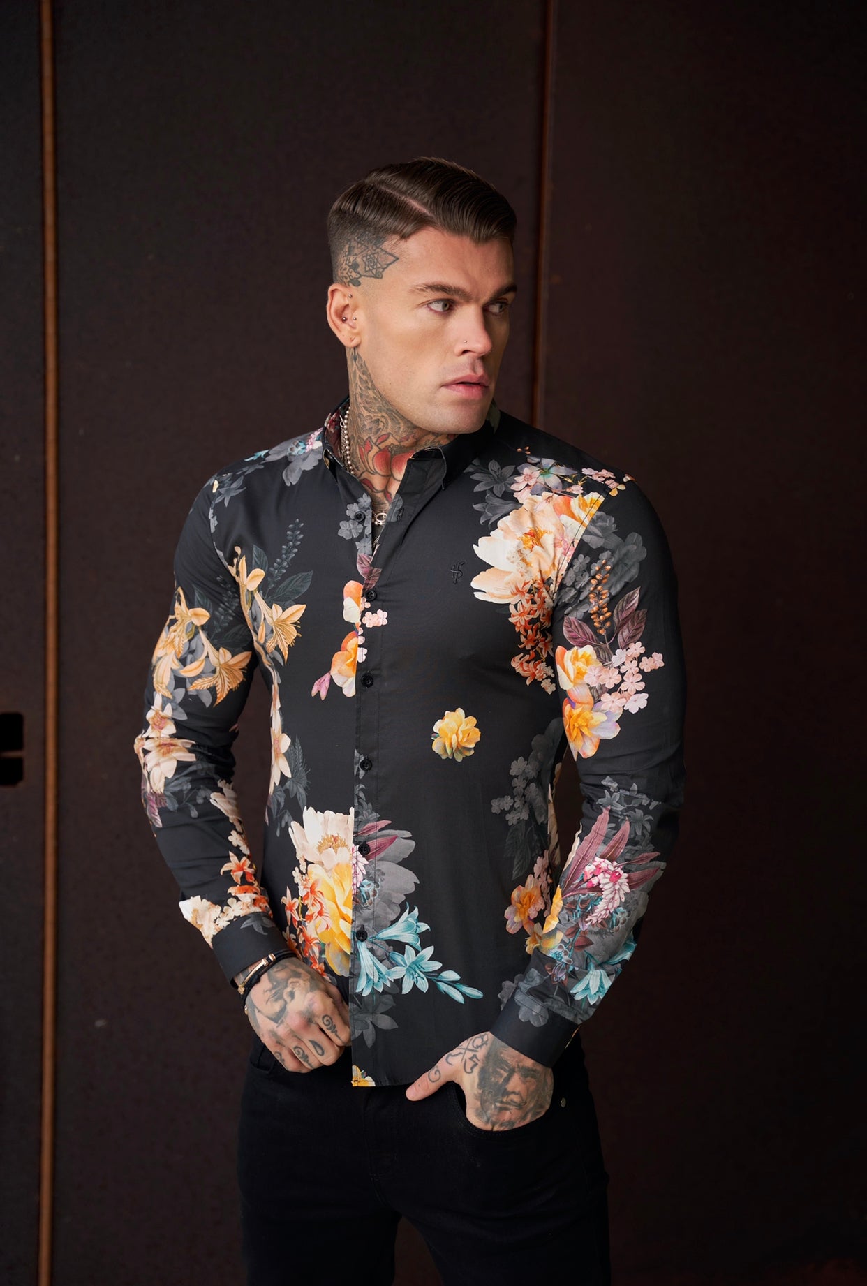 Super Slim Stretch Black Mixed Lily Floral Print Long Sleeve with Button Down Collar - FS854