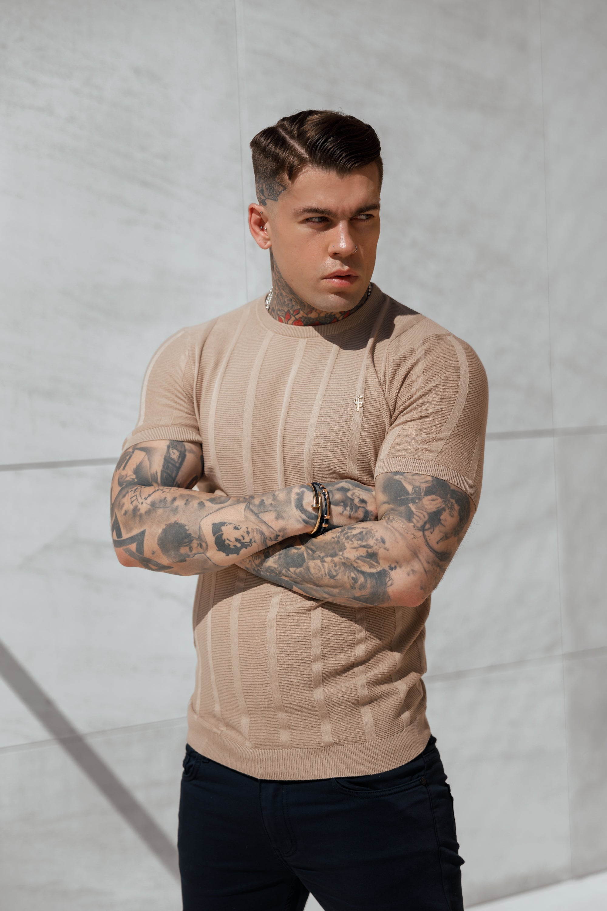 Classic Short Sleeve Oatmeal Knitted Wide Rib Crew with Gold Emblem - FSH741