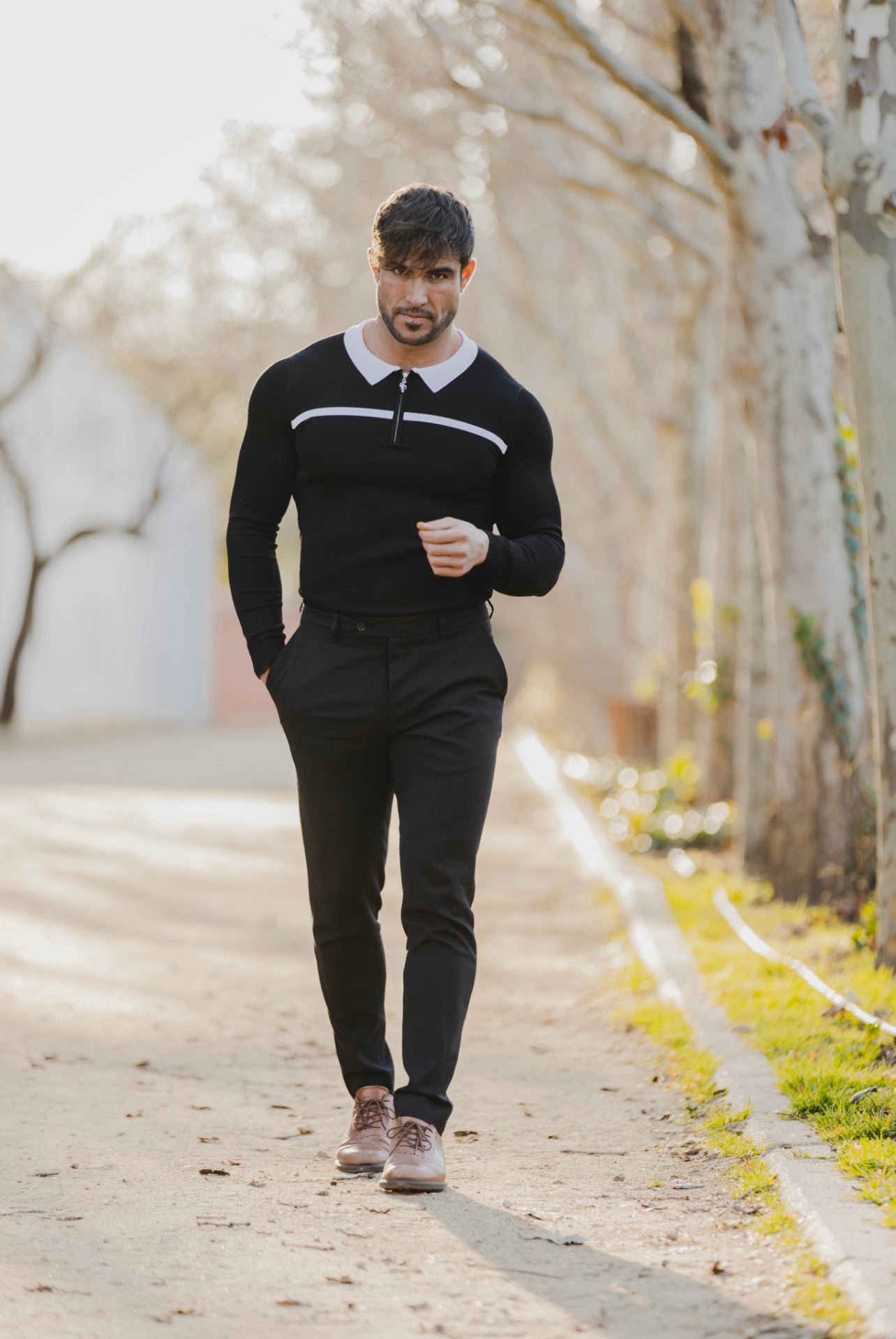 Classic Black / White Horizontal Stripe Zipped Polo Long Sleeve - FSN047