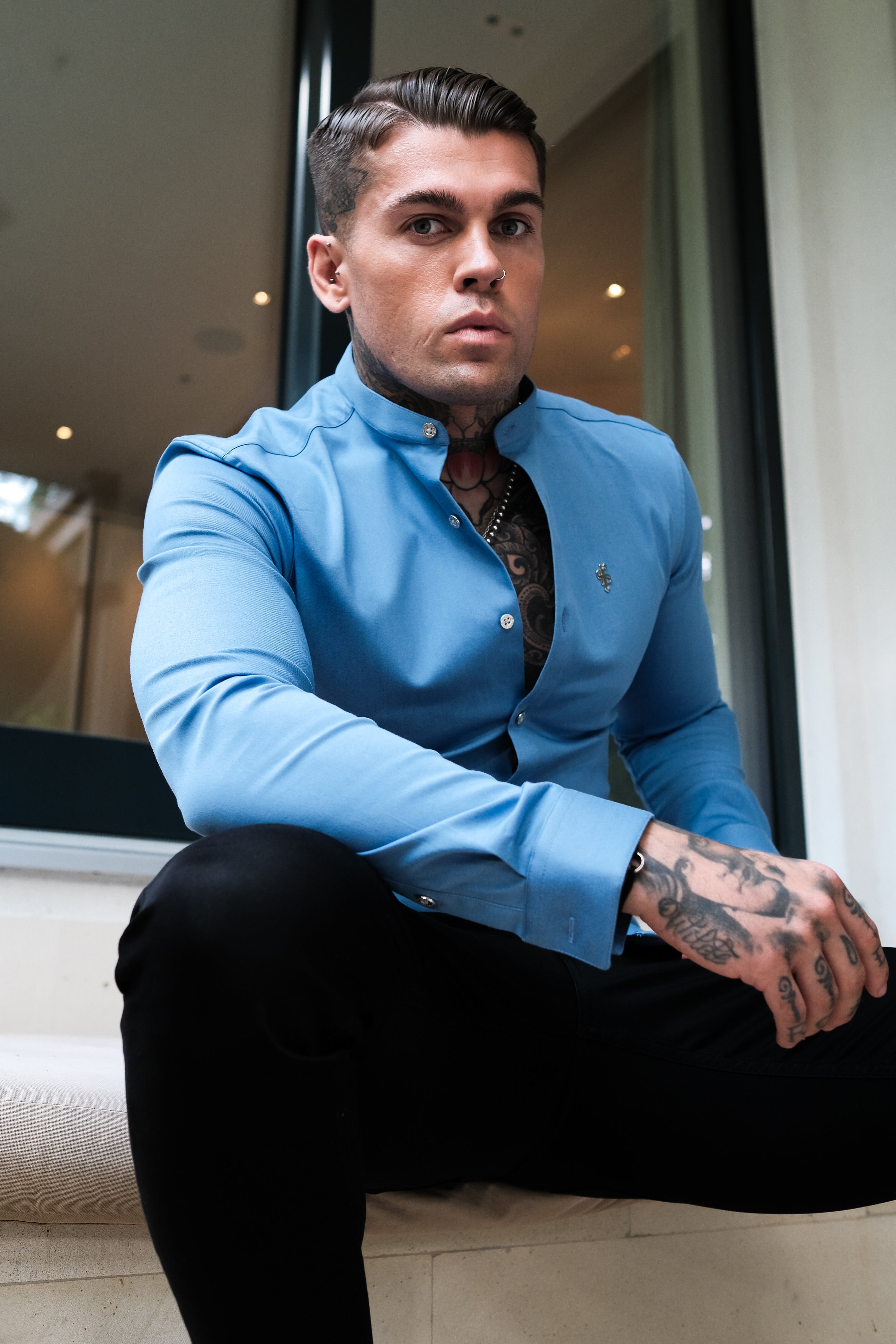 Super Slim Stretch Light Blue Denim Long Sleeve Grandad collar with Metal Buttons and Decal Emblem - FS717