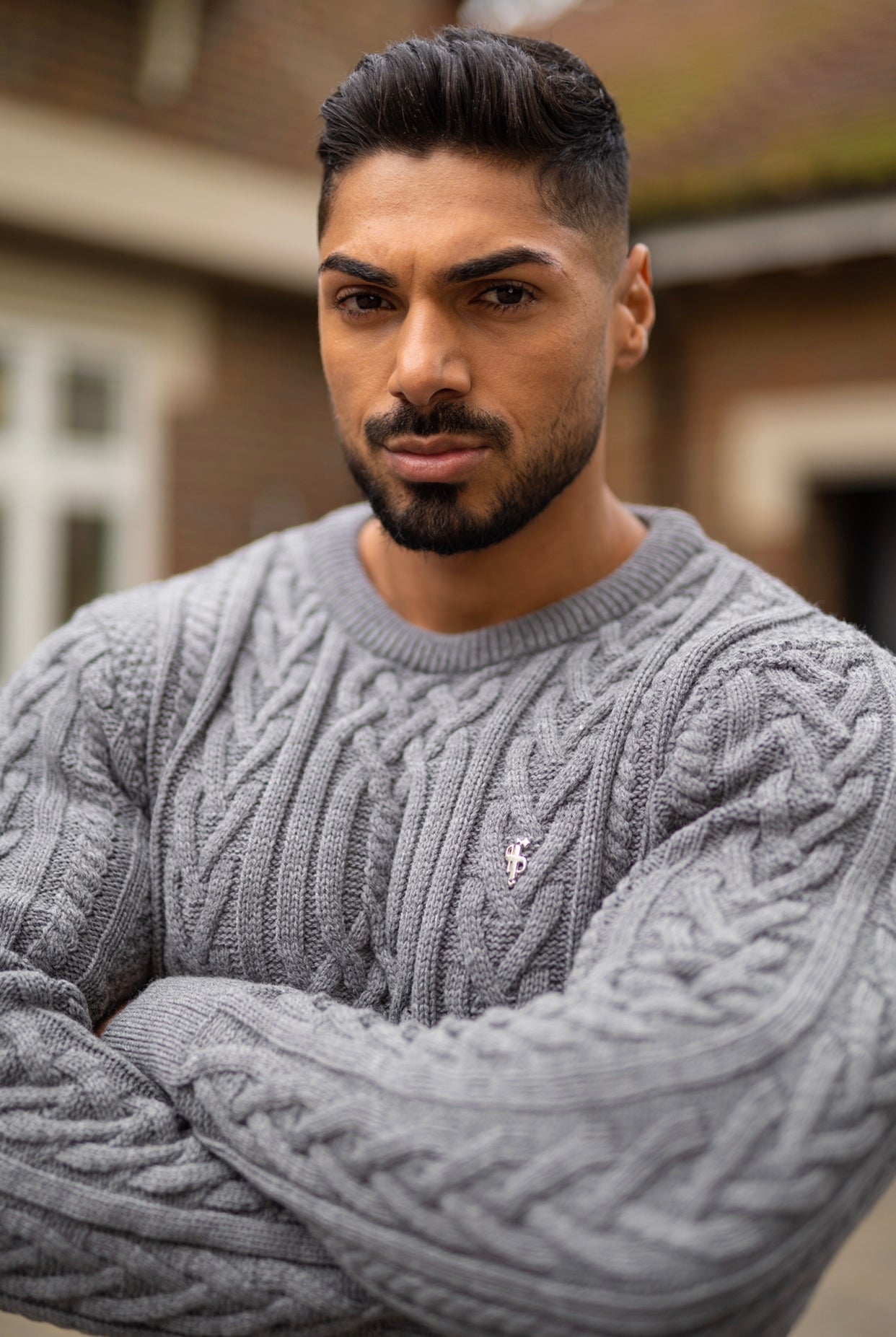 Grey Twisted Braid Weave Super Slim Jumper With Silver Decal - FSJ035