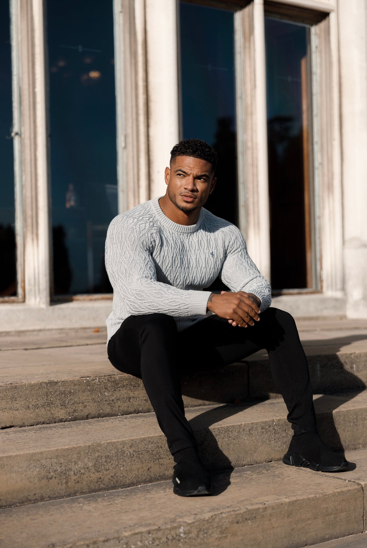 Silver Grey Knitted Elongated Diamond Crew Super Slim Raglan Jumper With Metal Decal - FSN053