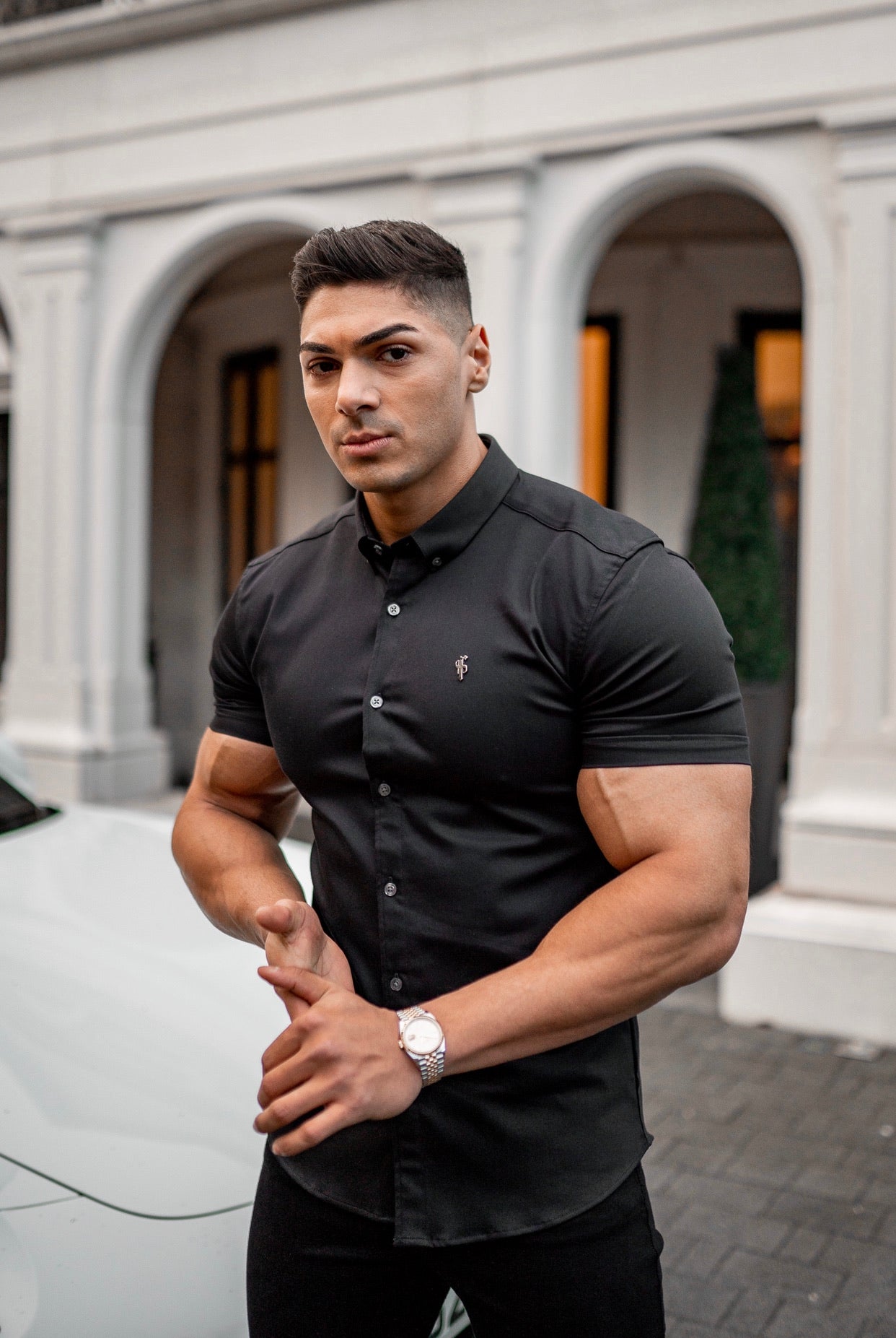 Super Slim Stretch Black Denim Short Sleeve with Metal Decal Emblem - FS643