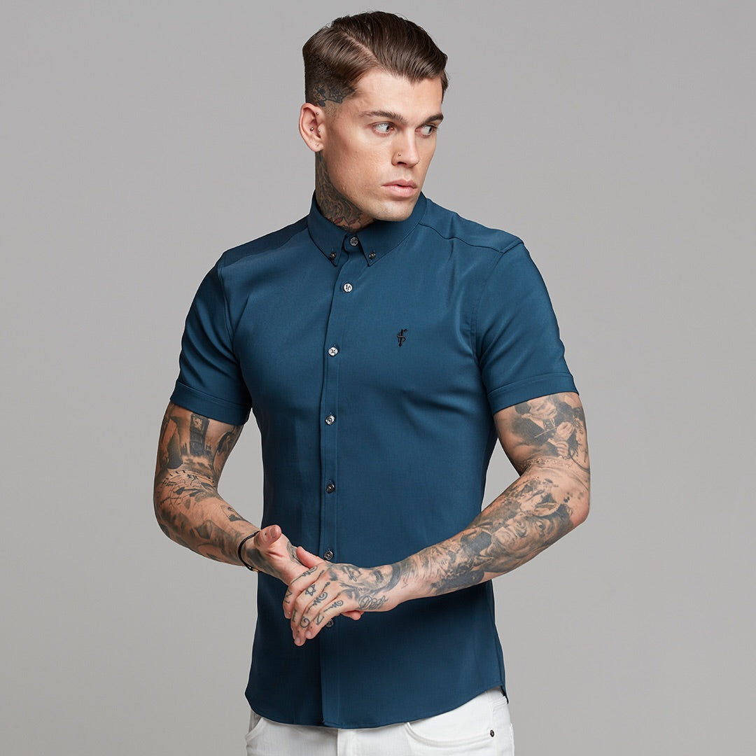 Super Slim Ultra Stretch Classic Teal Short Sleeve (Charcoal Buttons) - FS485