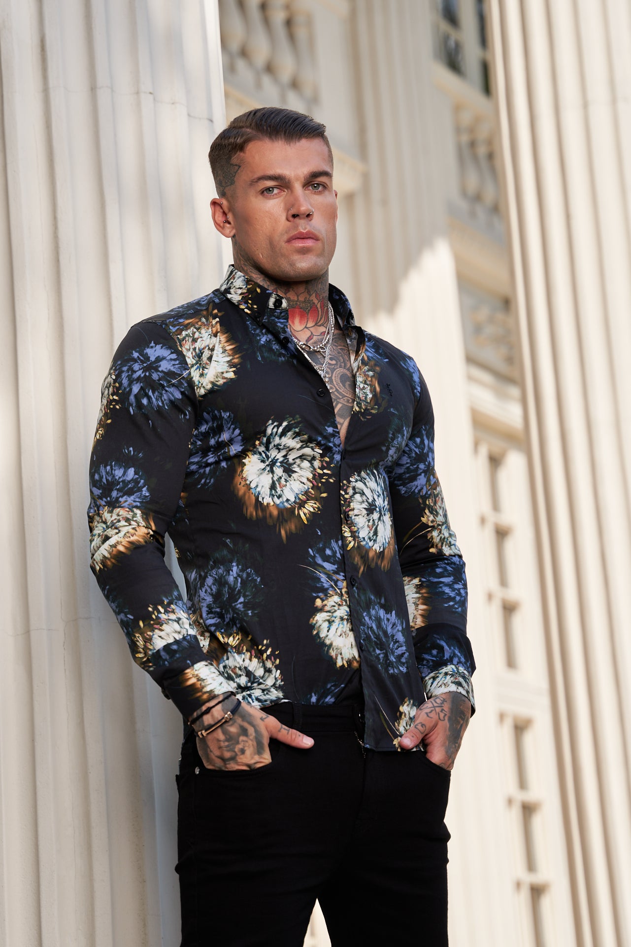 Super Slim Stretch Black Base Blurred Flower Print Long Sleeve with Button Down Collar - FS800