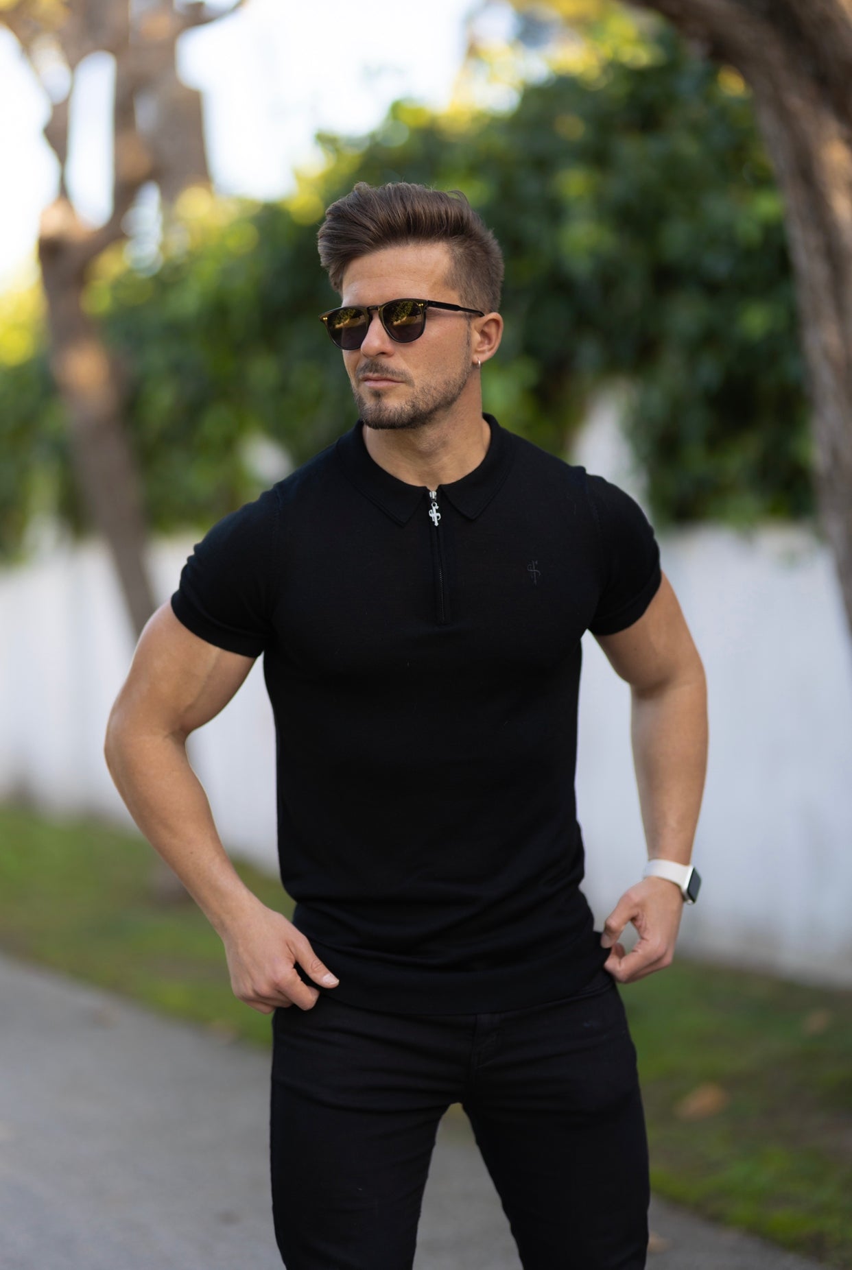 Classic Black Merino Wool Knitted Zip Polo Short Sleeve Jumper With FS Embroidery- FSN023
