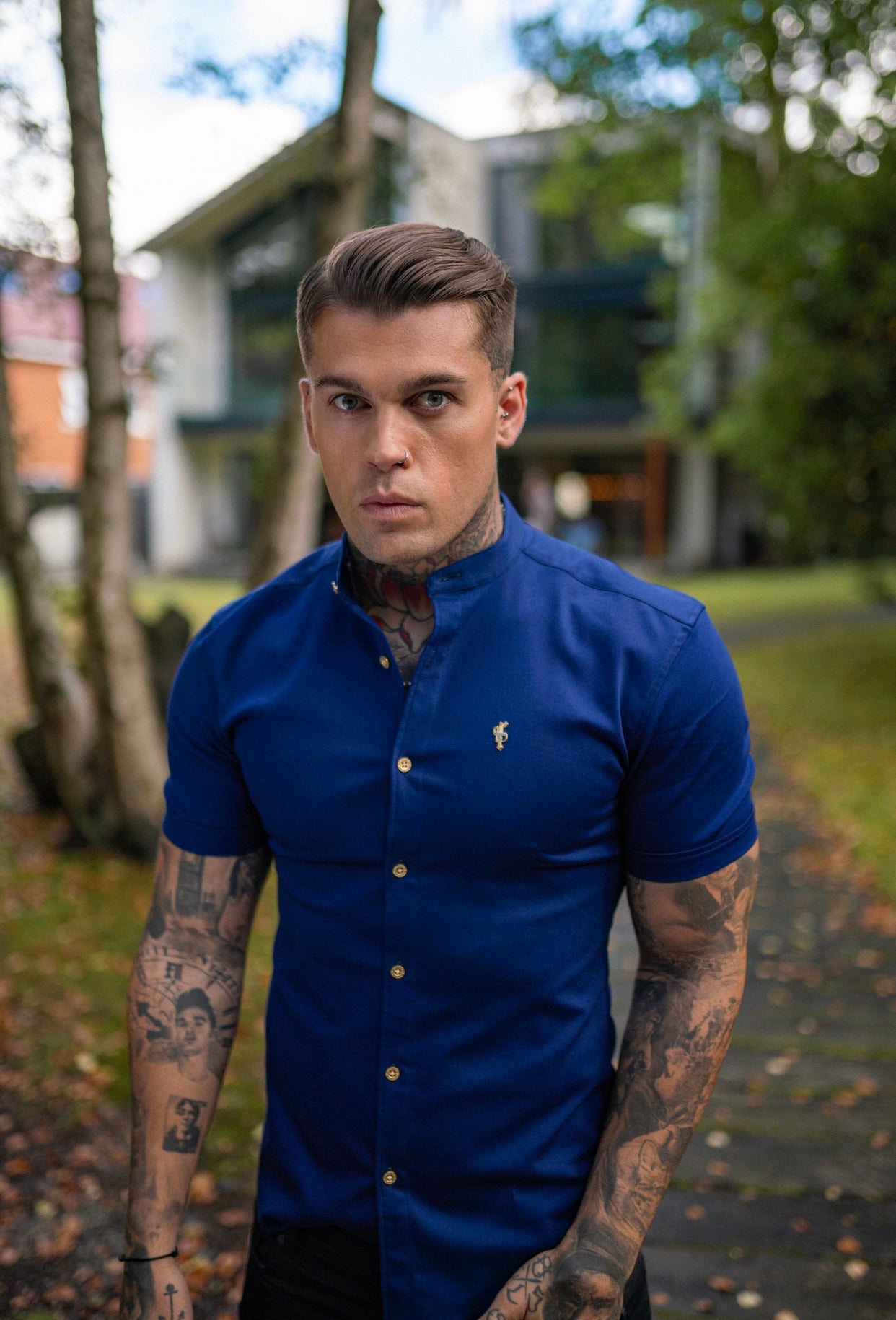 Super Slim Stretch Navy Denim Short Sleeve Grandad collar with Metal Buttons and Decal Emblem - FS714