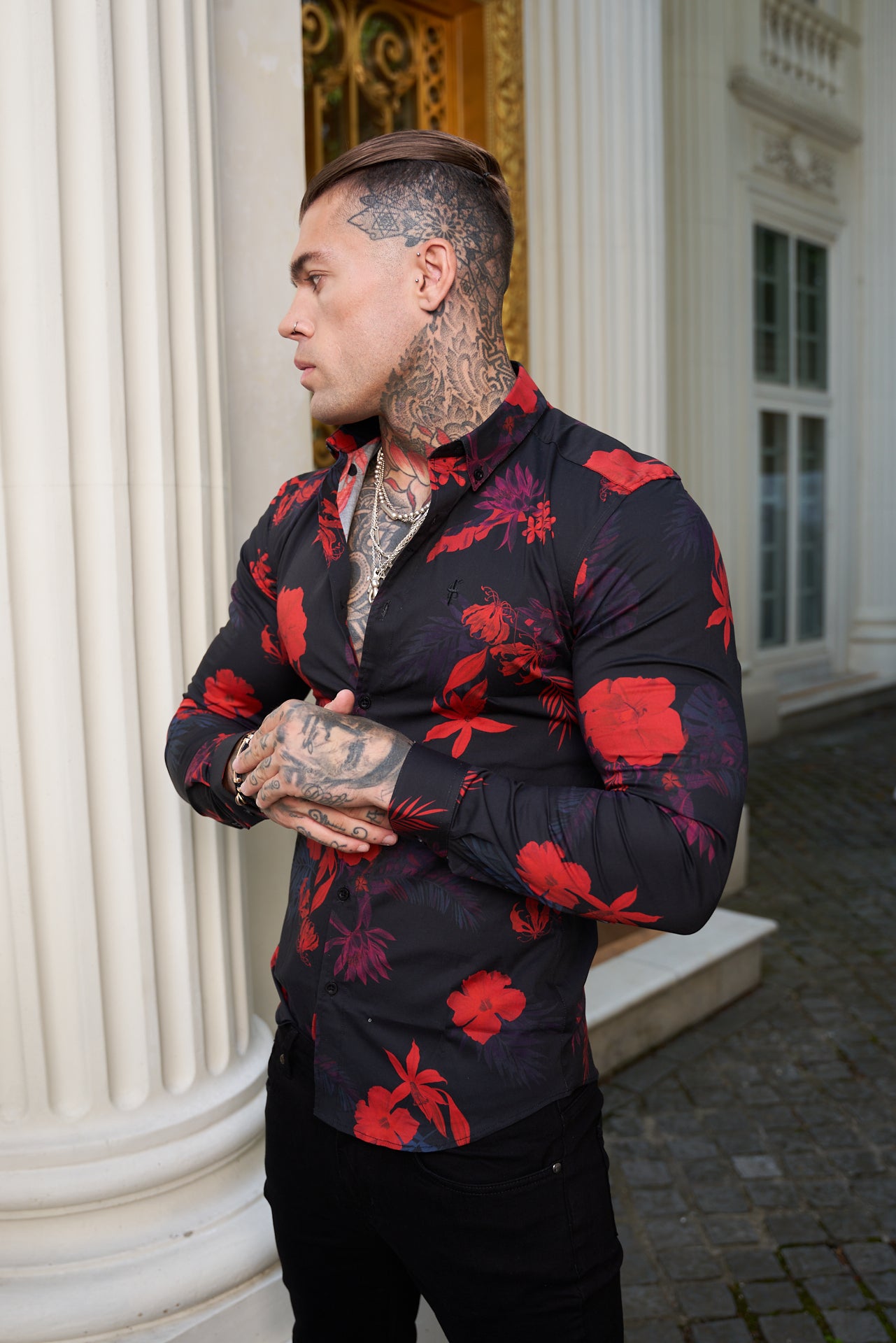 Super Slim Stretch Black and Red Floral Print Long Sleeve with Button Down Collar - FS770